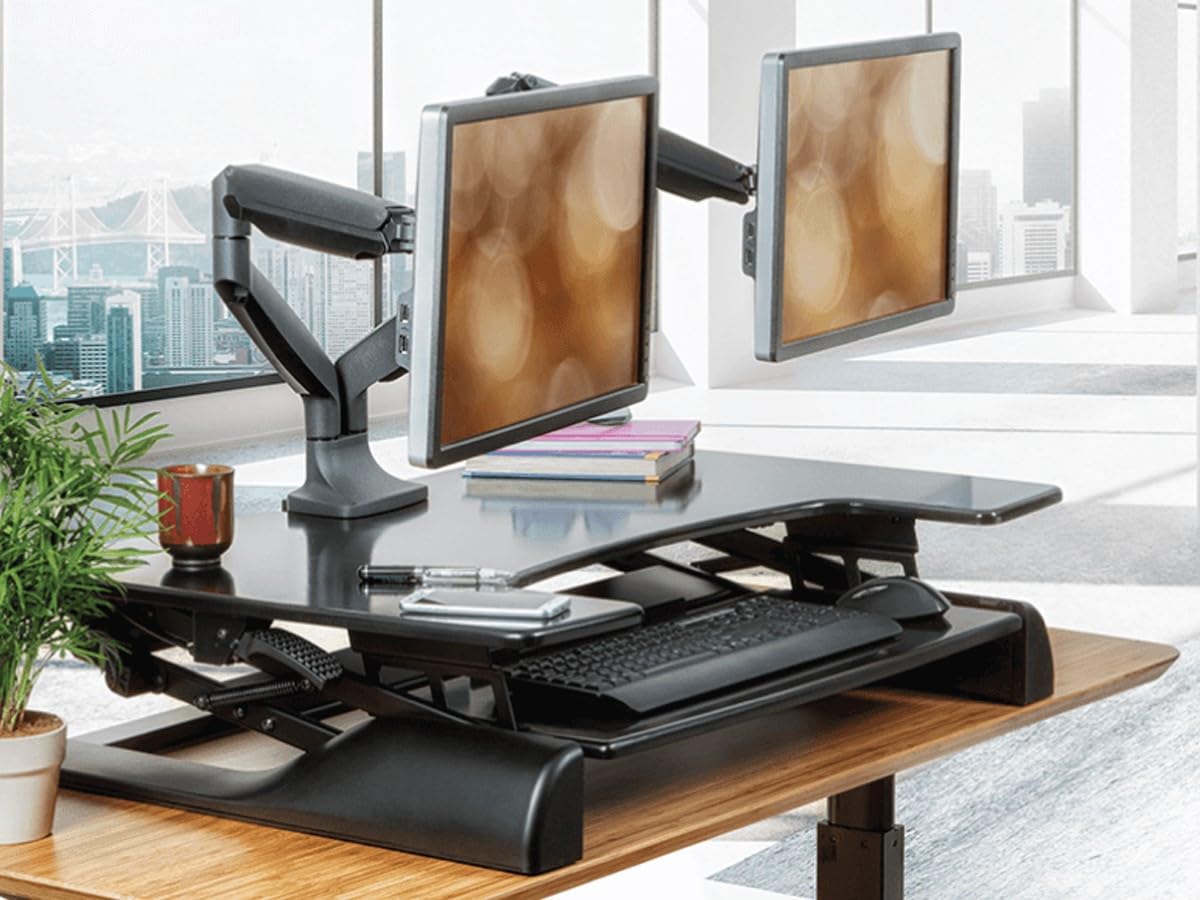 Monoprice Dual Monitor Gas Spring Desk Mount - Adjustable VESA Stand for 15-34 Inch Screens, 19.8 lbs Capacity - Ergonomic Full Motion Articulating Arm for Home Office & Gaming Setup (Black, Workstream Collection)