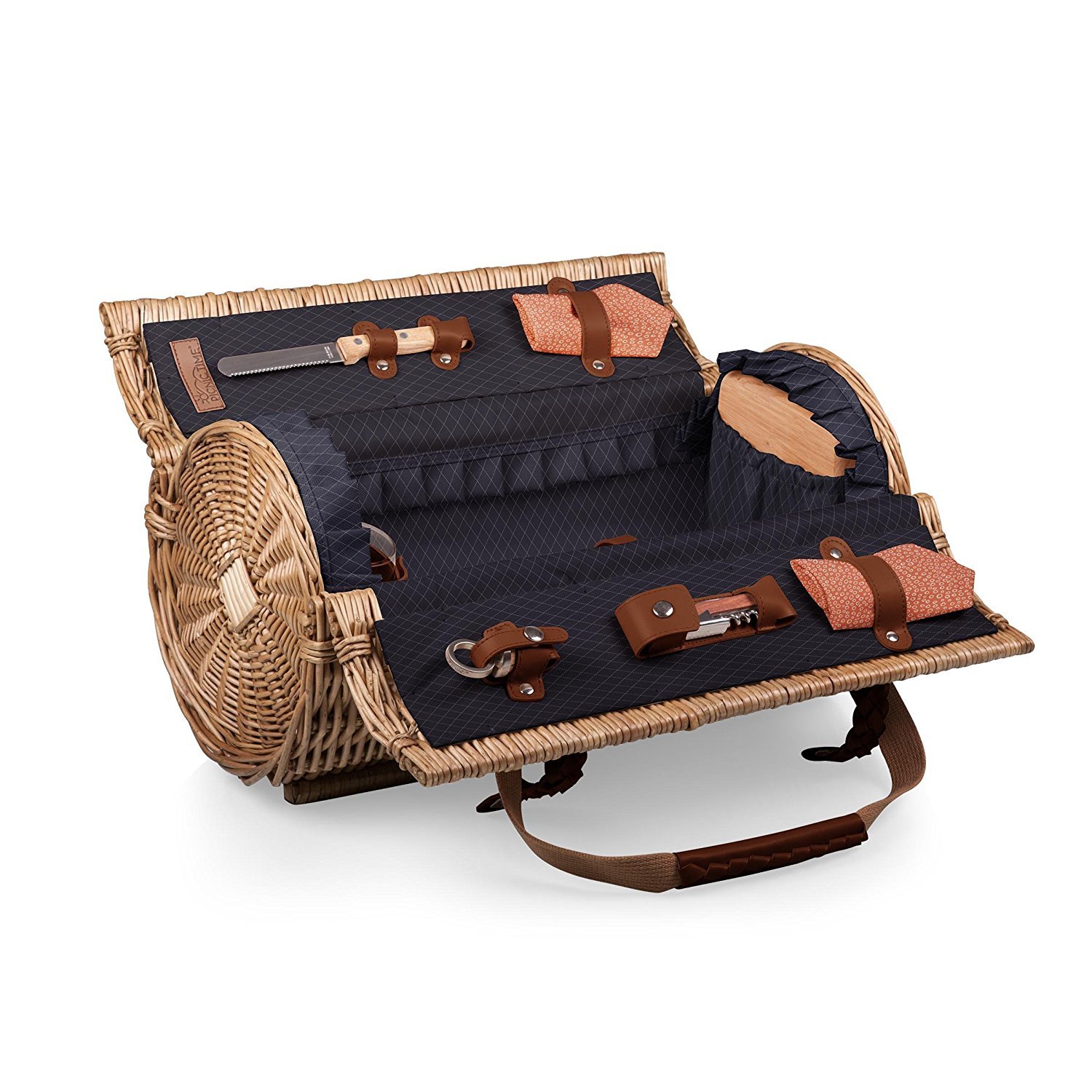 PICNIC TIME Verona Wine & Cheese Picnic Basket - Wicker Wine Tote with Picnic Set (Adeline Collection - Deep Purple Coral Pattern) - Perfect for Outdoor Picnics, Romantic Dates & Wine Tasting Events
