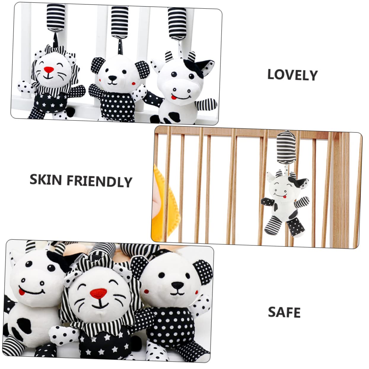 FAVOMOTO 6-Piece Rattle Bell Animal Stroller Toys - Hanging Car Seat & Stroller Accessories for Newborns - Soft PP Cotton White Baby Toys for Infants 0-6 Months - Perfect for Strollers, Car Seats & Playtime