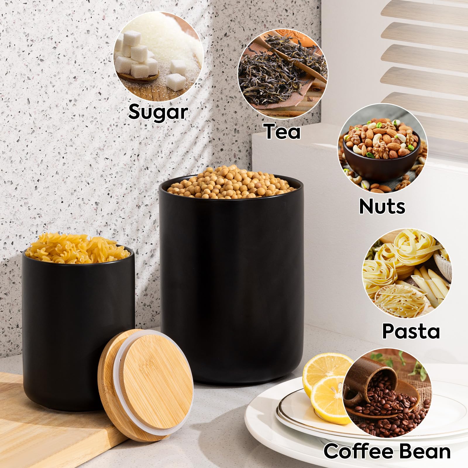 Yangbaga 3-Piece Ceramic Kitchen Canisters Set with Airtight Wood Lids - Ideal for Flour, Sugar, Coffee Storage - Perfect for Countertop Organization and Pantry Essentials