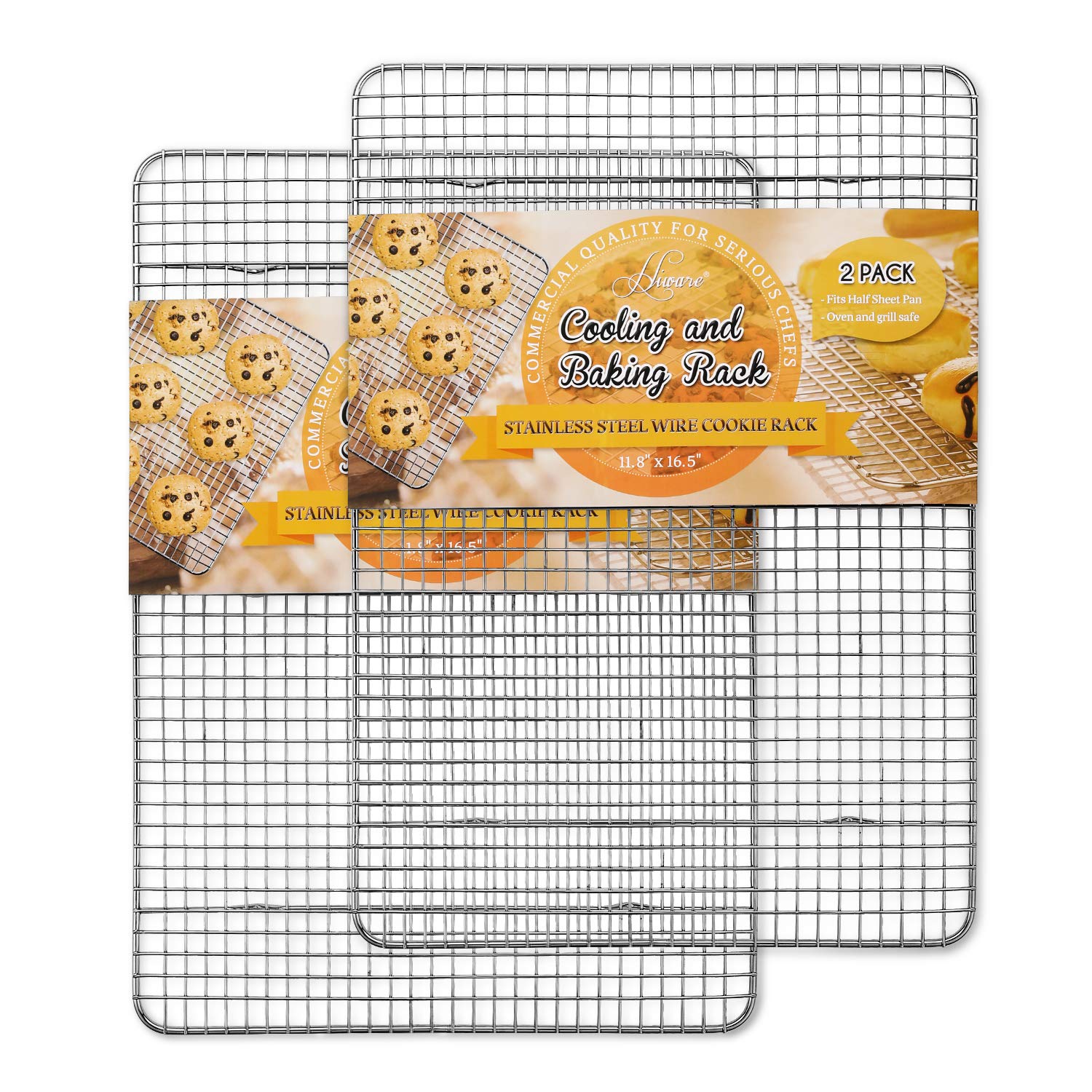 Hiware 2-Pack Stainless Steel Cooling Racks for Baking - Oven Safe & Rust-Resistant Wire Rack for Cookies, Roasting, Grilling - Fits Half Sheet Pan - Perfect for Home Baking, Party Desserts & BBQ Cooking