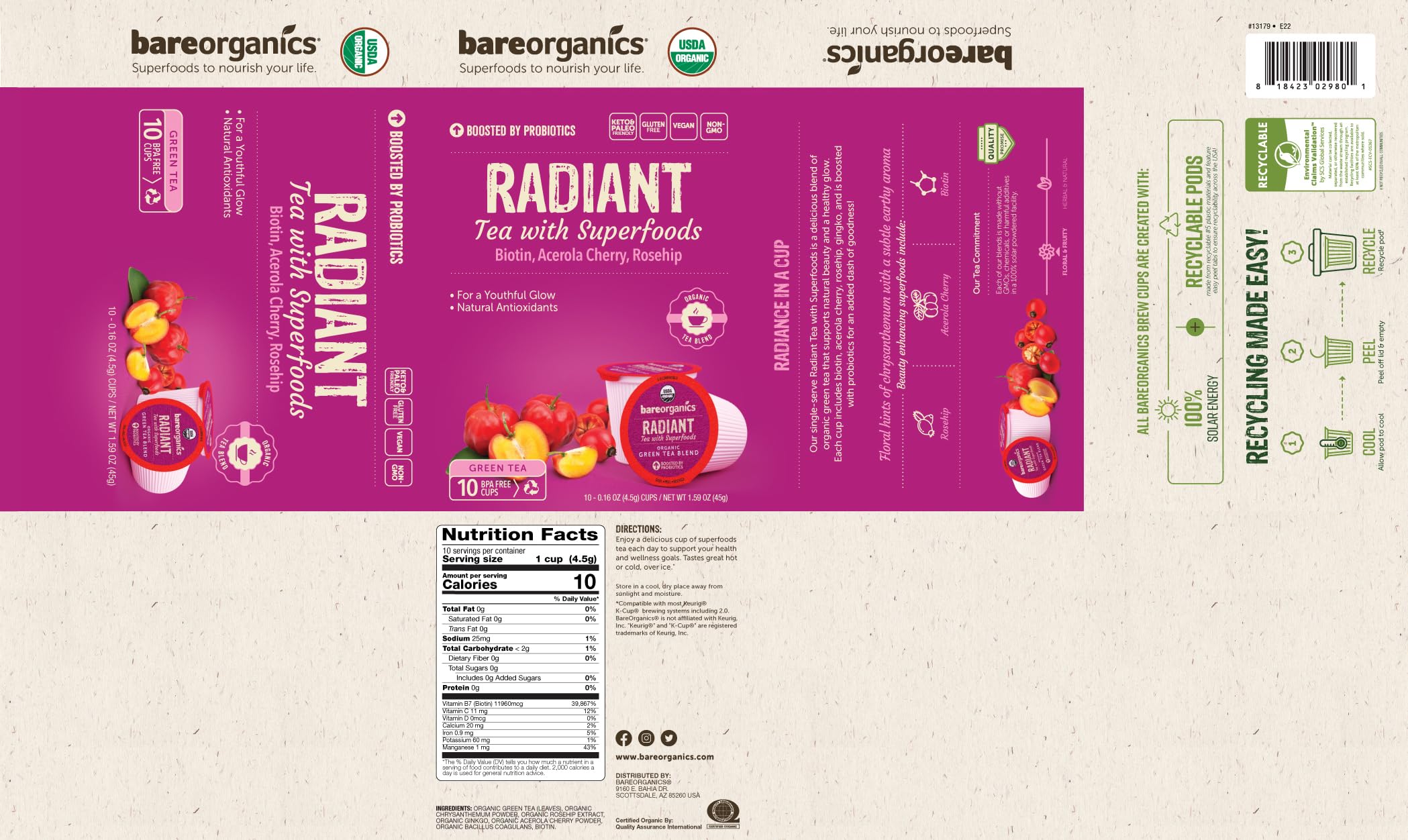 BareOrganics Radiant Tea with Superfoods & Probiotics | USDA Organic Certified, Vegan, Non-GMO | Compatible Tea Pods for Keurig | 10 Count Recyclable K-Cups | Boost Energy & Detox for Daily Wellness