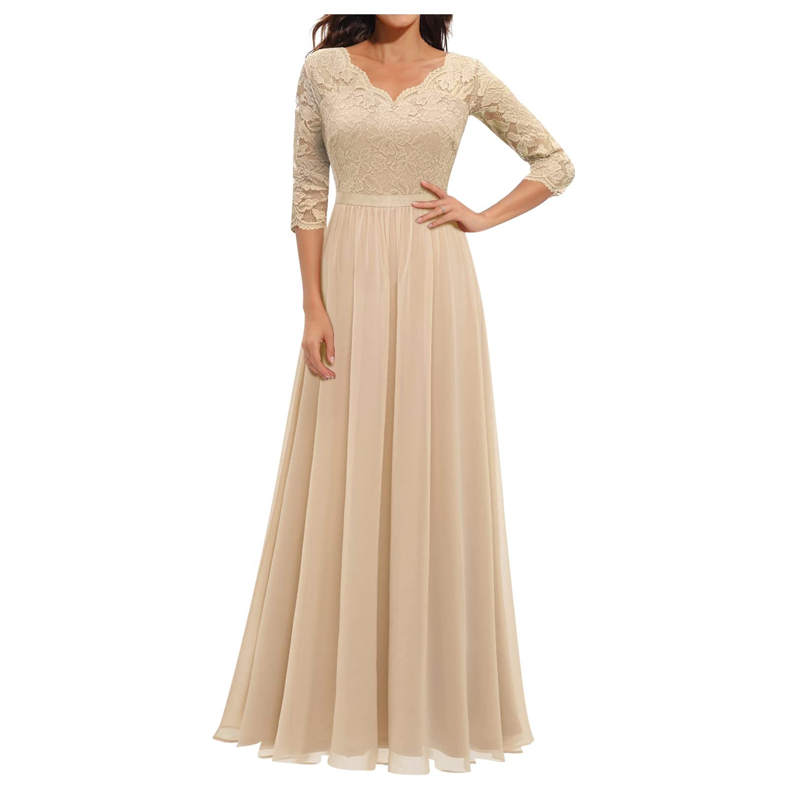 Women's Summer Casual Cocktail Dress - Elegant Lace Stitching Solid Color Midi Dress for Honeymoon, Date Night & Beach Vacation Outfits