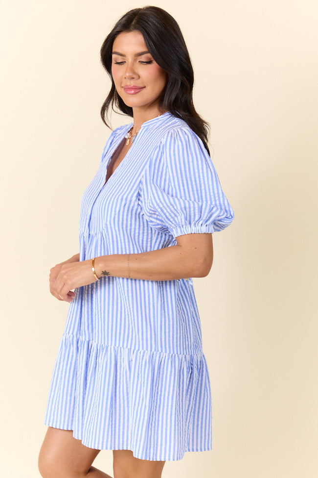 Faith In You Blue Striped Collared Mini Dress - Women's Summer Casual Flowy Short Sleeve Party Dress for Beach, Date Night & Vacation