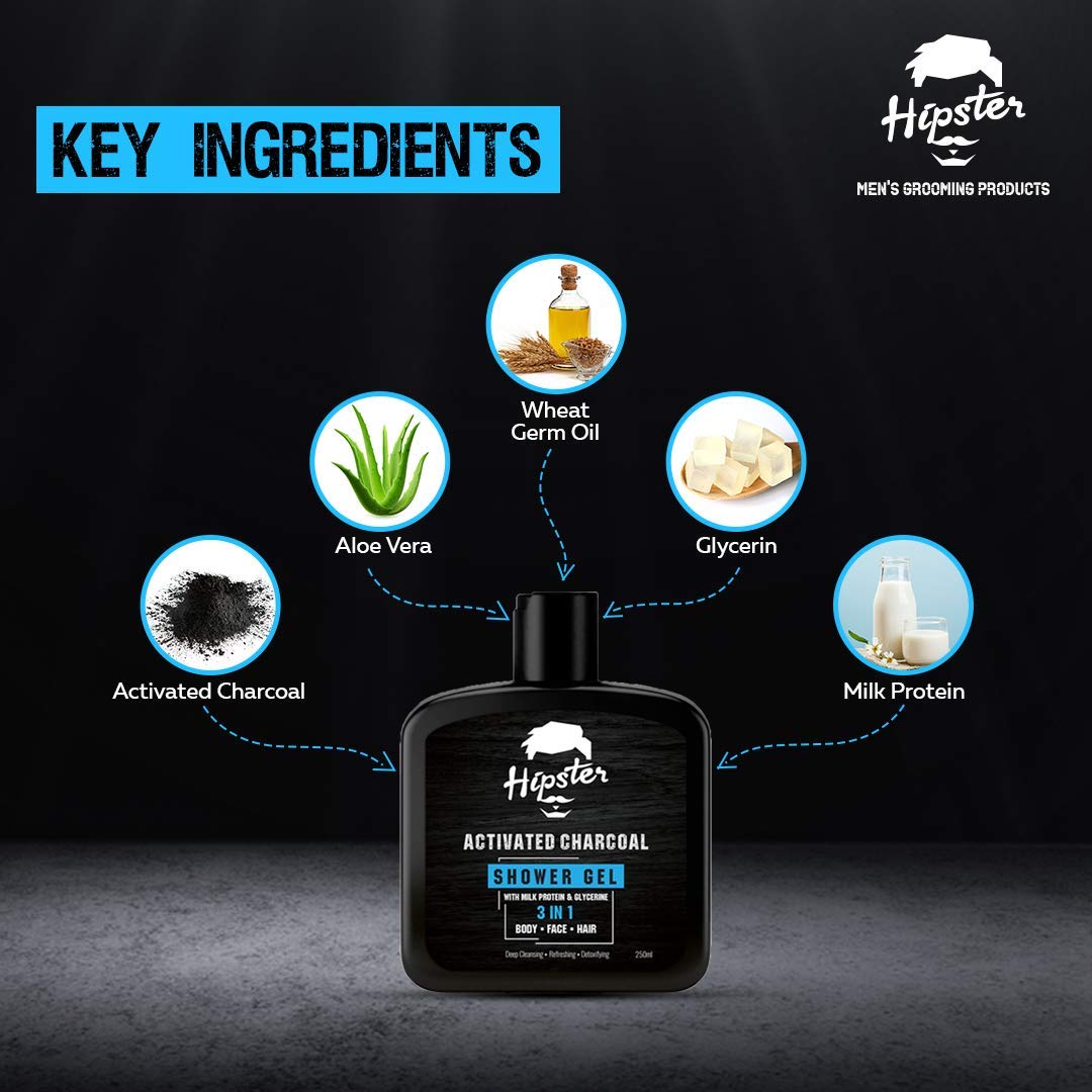 Activated Charcoal 3-in-1 Body Wash & Shower Gel (250ml) - Deep Cleansing for Face, Hair & Body with Charcoal, Milk Protein & Glycerin | Includes Free Loofah | Made in India | Perfect for Detoxifying Skin & Removing Impurities