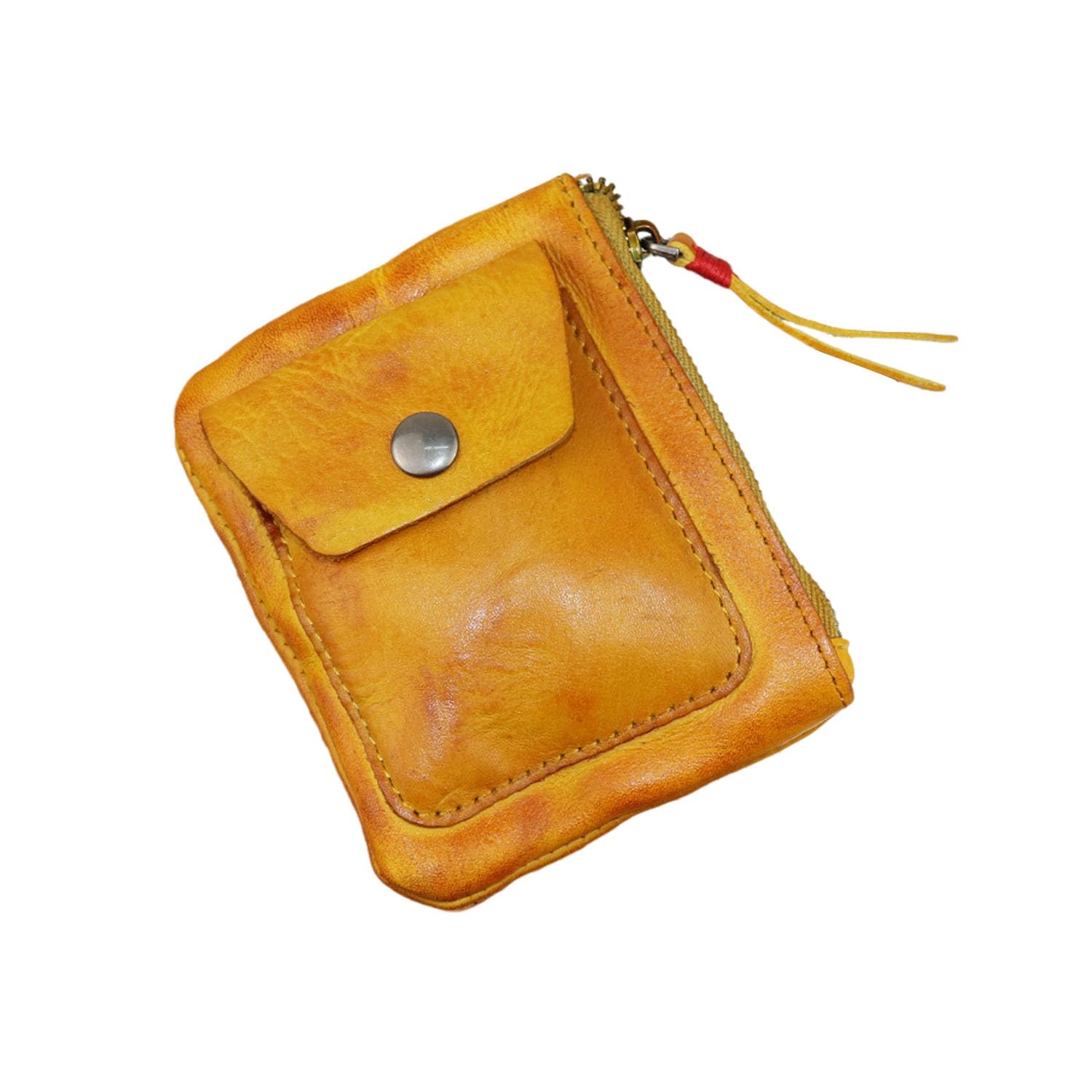 Genuine Leather Zipper Coin Purse for Men & Women - Vintage Mini Coin Wallet with Zipper Closure - Small Leather Change Pouch Holder (Yellow Brown) - Perfect for Organizing Coins, Keys & Small Essentials On-the-Go