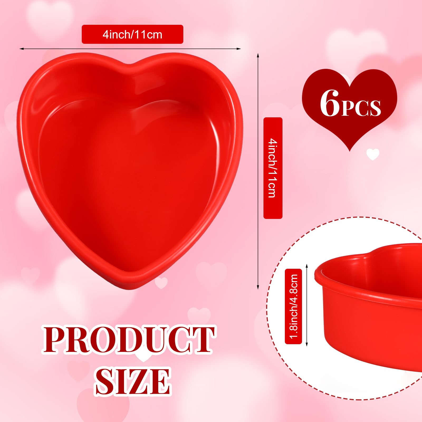 6-Piece Nonstick Silicone Heart Cake Pans Set - 4 Inch Red Mini Heart Baking Molds for Valentine's Day, Birthday Cupcakes, Muffins & Chocolate Desserts | Perfect for Home Baking, Party Treats & Romantic Gifts