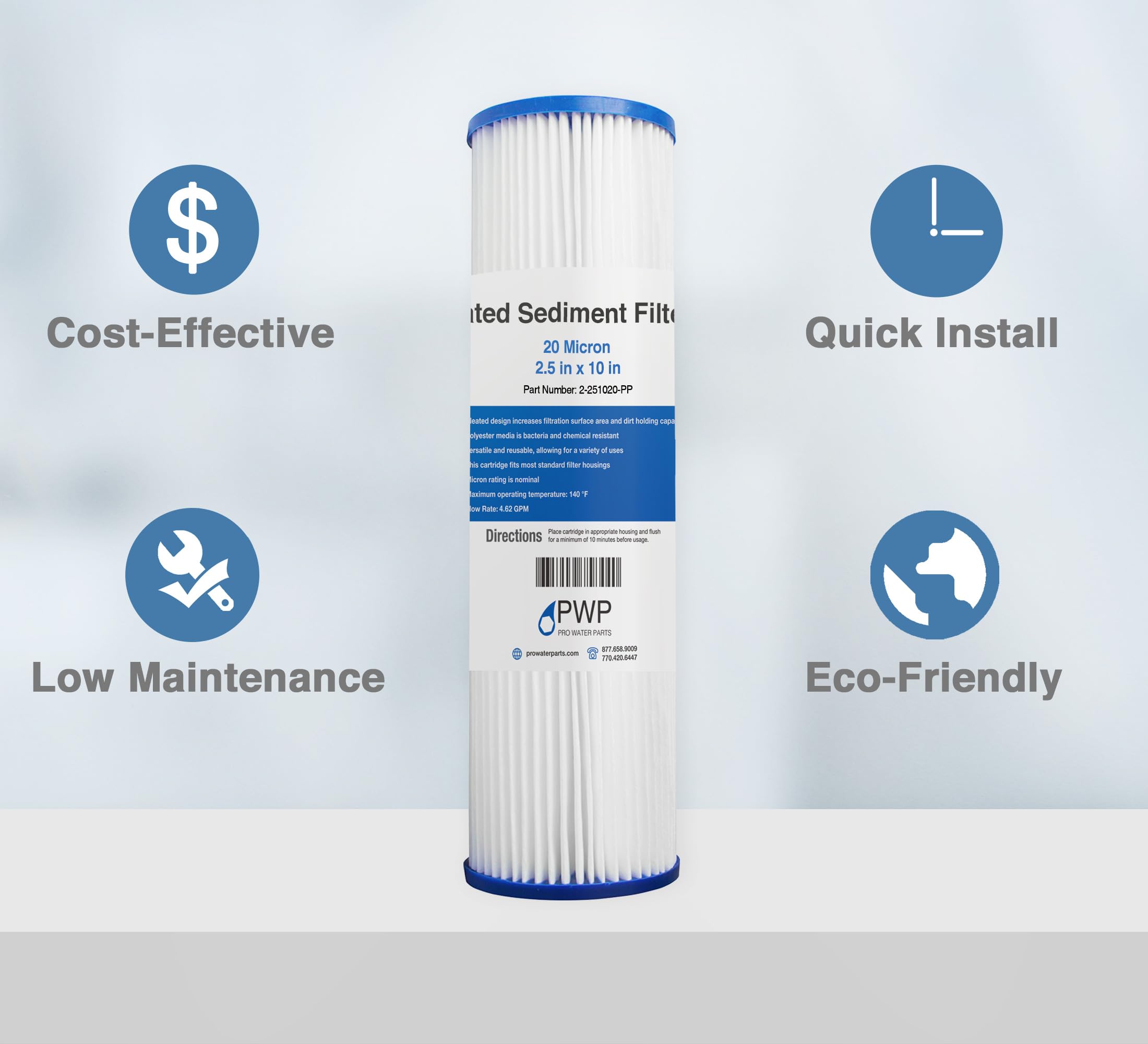 10x2.5 Inch 20 Micron Pleated Polyester Sediment Water Filter Cartridge - 25 Pack | For Whole House Filtration, Well Water & RV Use