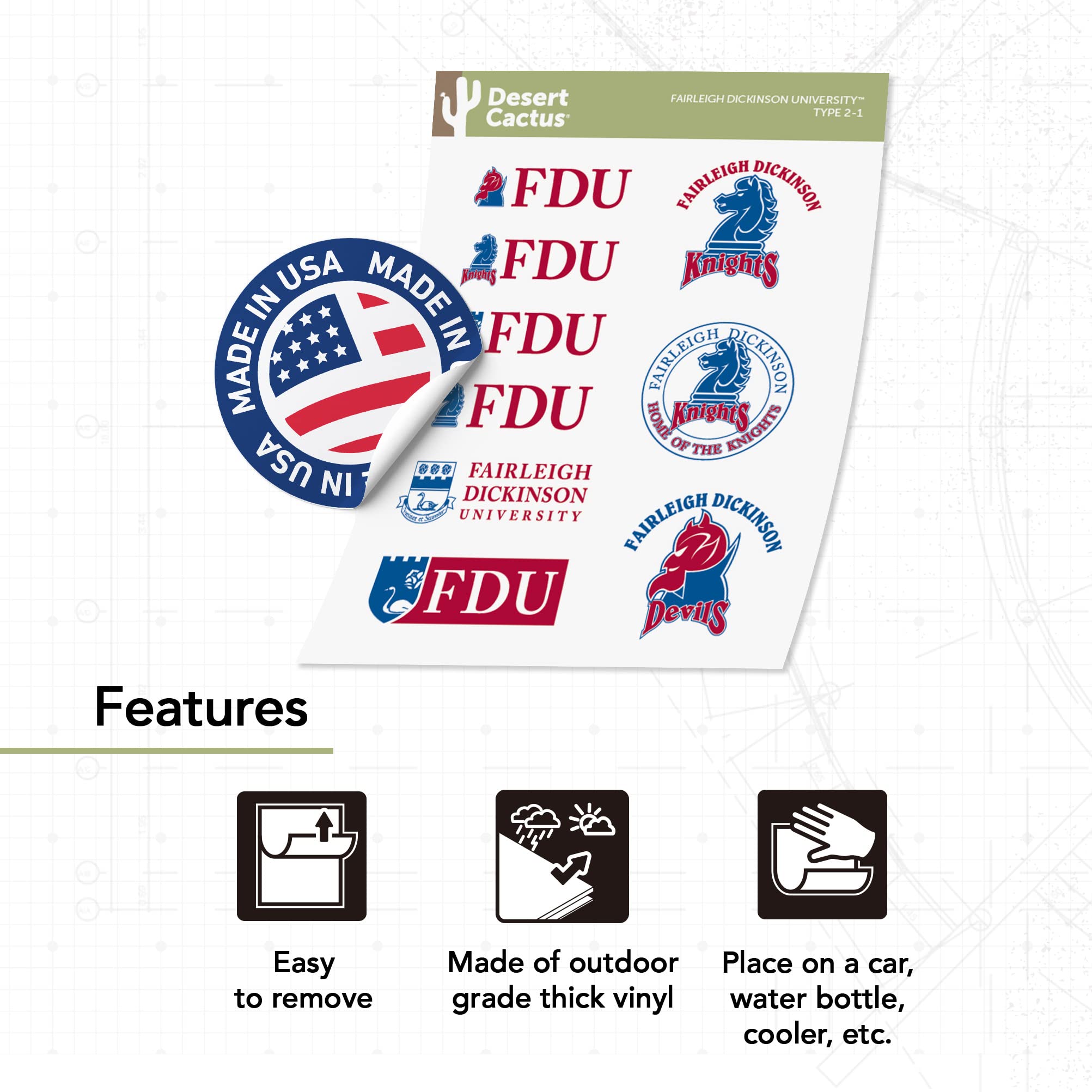 Desert Cactus FDU Knights Devils Vinyl Decal Sticker Set - 13.43x10.98 Inch Waterproof Laptop, Water Bottle, Car, Scrapbook Decor - Perfect for College Students, Alumni & Fans