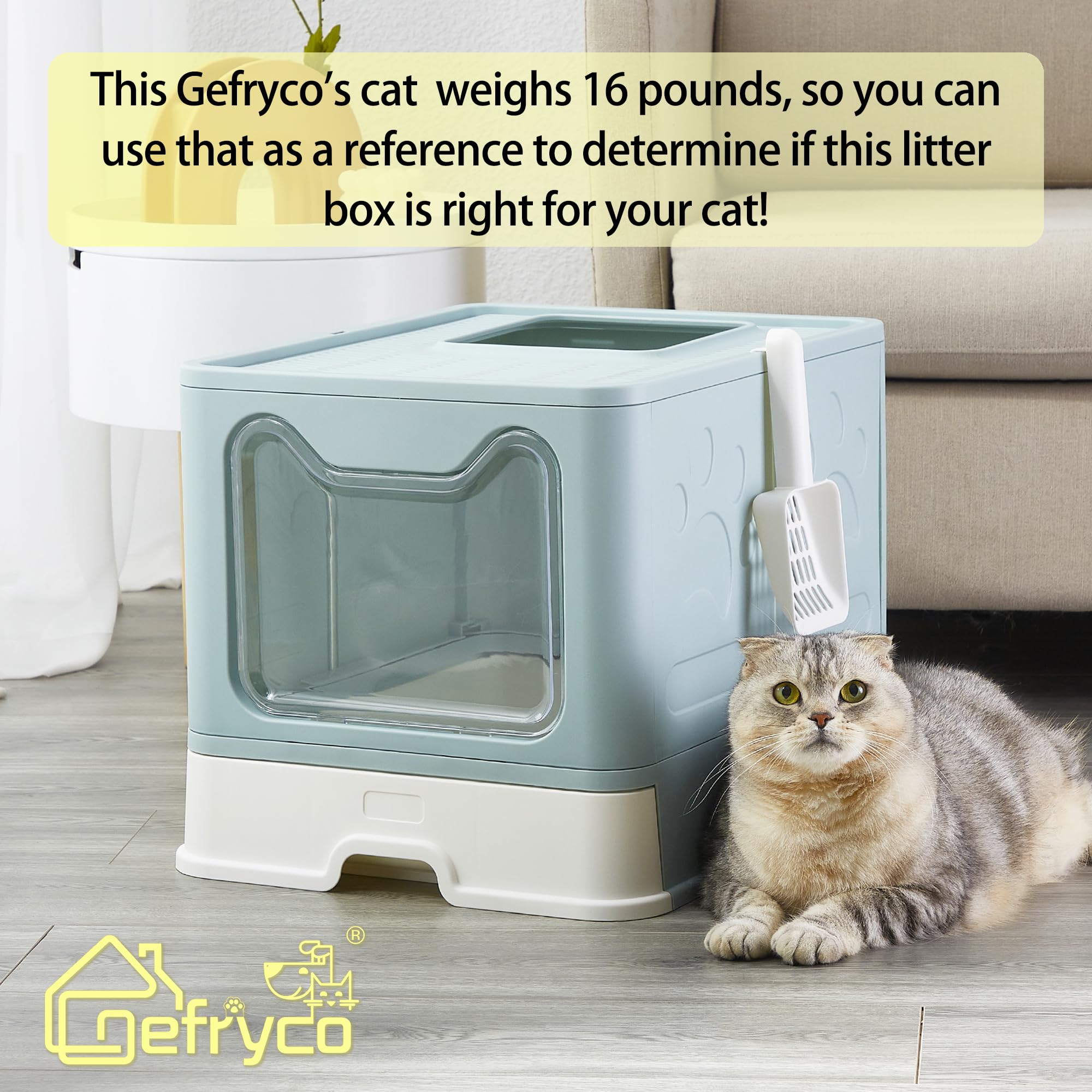 Gefryco Large Covered Cat Litter Box with Sifting Lid - High-Sided Enclosed Litter Pan for Medium & Big Cats - Includes Scoop & Drawer - Front Entry Top Exit Design (Blue) - Perfect for Odor Control & Multi-Cat Households