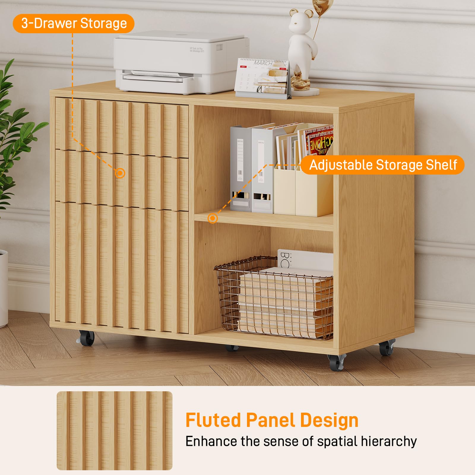 3 Drawer Wooden File Cabinet with Adjustable Shelf - Fluted Lateral Filing Cabinet for Letter & A4 Size Documents - Natural Oak Home Office Storage Solution - Perfect for Organizing Files, Printer Stand & Office Supplies in Workspaces