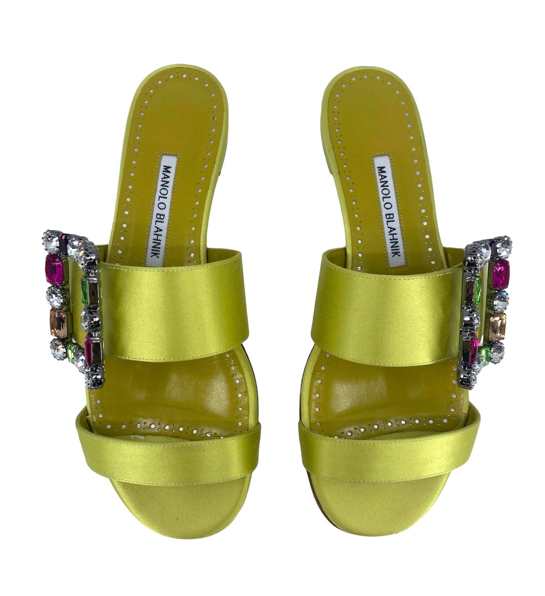 Manolo Blahnik Verda Crystal Buckle Flat Sandals - Women's Size 38.5 (US 8.5) Green Leather Summer Shoes | Elegant Comfort for Weddings, Parties & Beach Vacations