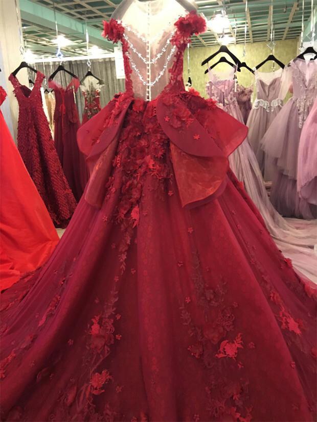 Elegant Burgundy Lace Ball Gown Wedding Dress with Nude Back - Perfect for Bridal, Prom, Evening Gala & Formal Occasions