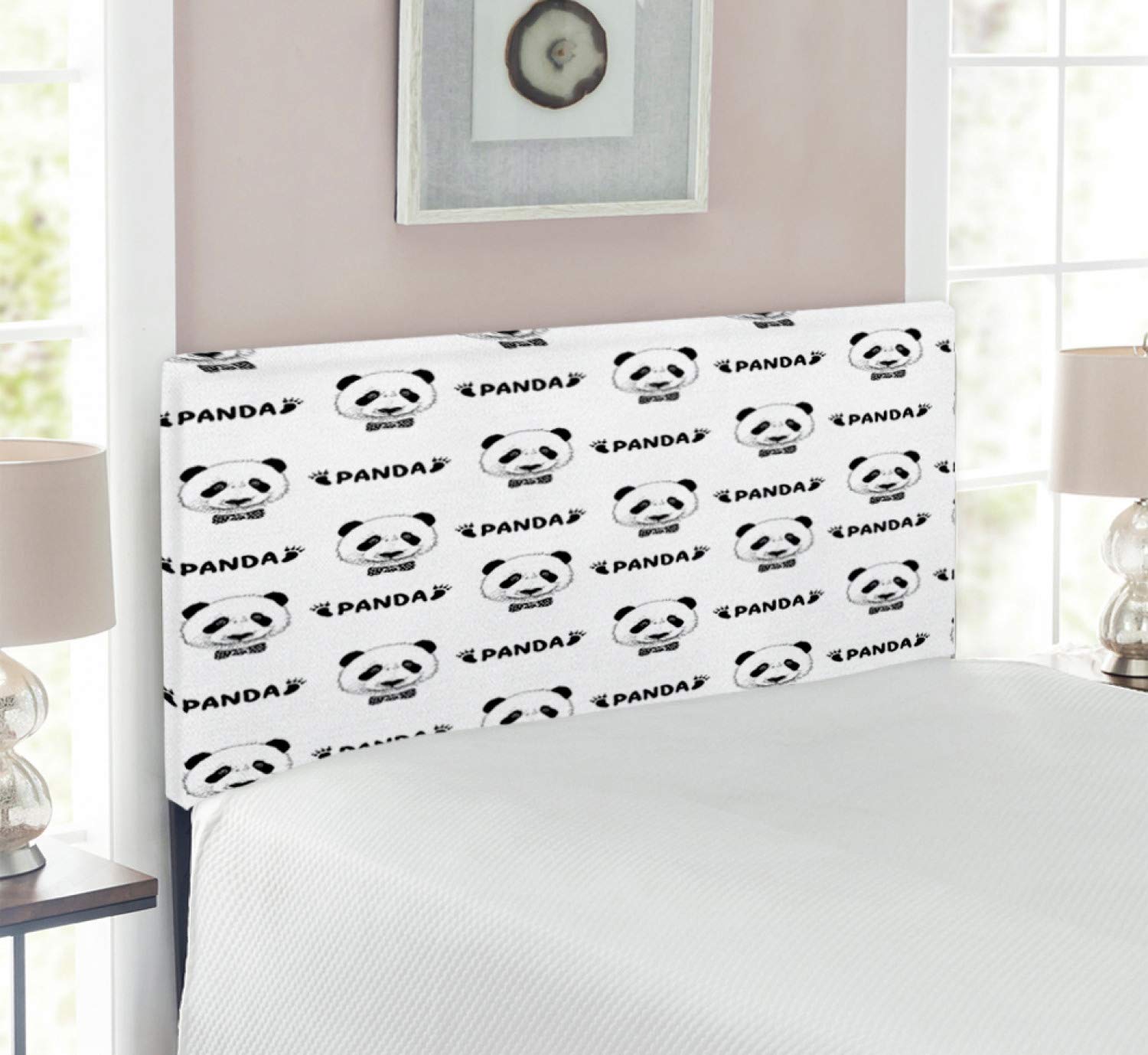 Ambesonne Panda Headboard - Twin Size Upholstered Metal Bed Frame with Memory Foam, Black & White Panda Face & Silhouette Design - Perfect for Kids' Bedrooms, Nursery Decor & Animal-Themed Home Decor