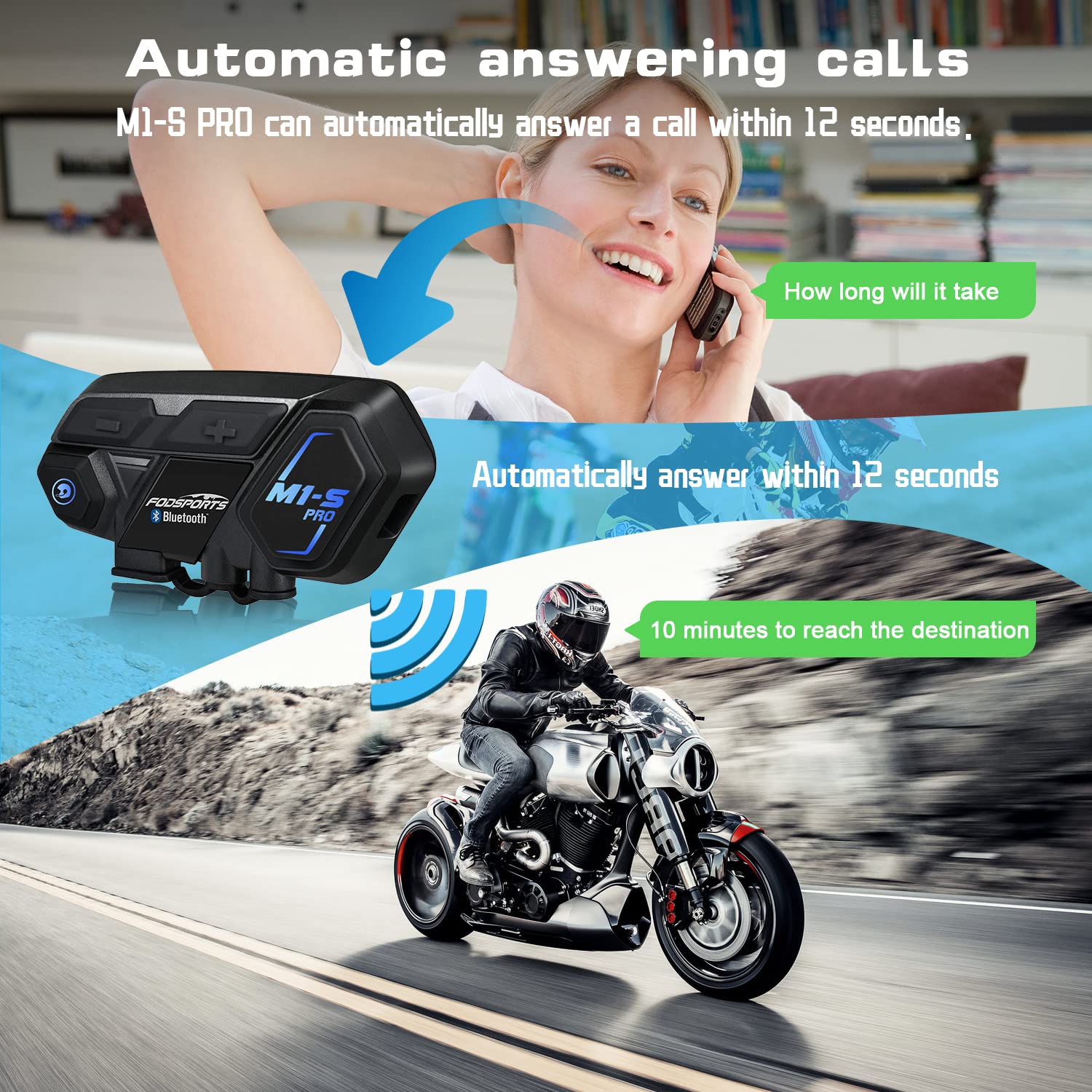 Fodsports M1-S PRO Motorcycle Helmet Bluetooth Intercom - 2000m Range, 8 Riders Group Chat, Waterproof Wireless Headset with Stereo Music, GPS & Hands-Free Calling (2 Pack) - Perfect for Group Rides, Touring & Urban Commuting