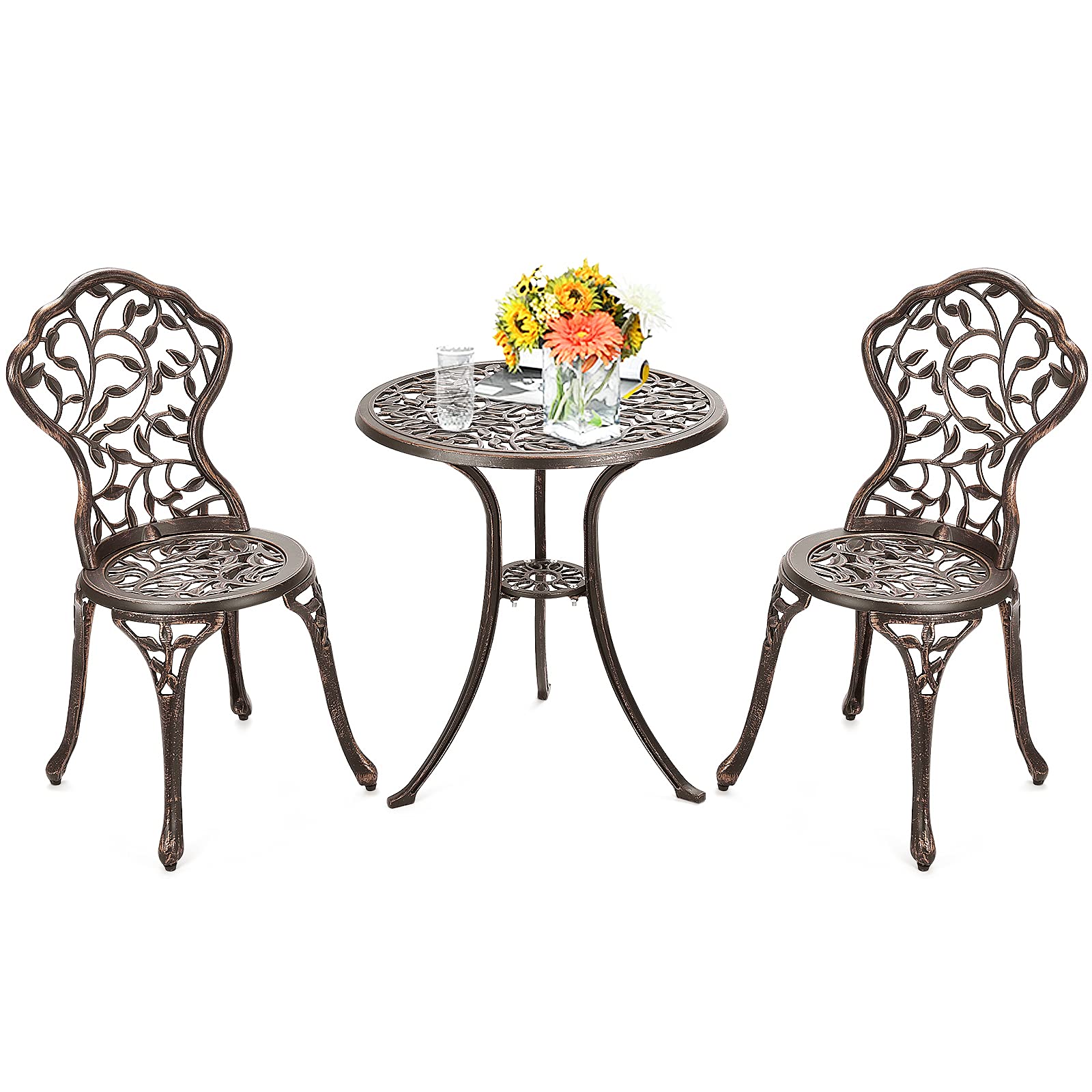 Tangkula 3-Piece Outdoor Bistro Set - Rust-Resistant Cast Aluminum Patio Furniture with Table & Chairs for Balcony, Backyard, Garden & Poolside - Perfect for Outdoor Dining, Lounging and Entertaining