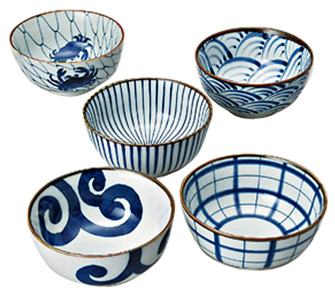 Traditional Japanese Blue and White Rice Bowls Set of 5 - Saikai Pottery Handcrafted Ceramic Soup & Rice Bowls - Authentic Japanese Tableware for Sushi, Ramen, and Everyday Dining
