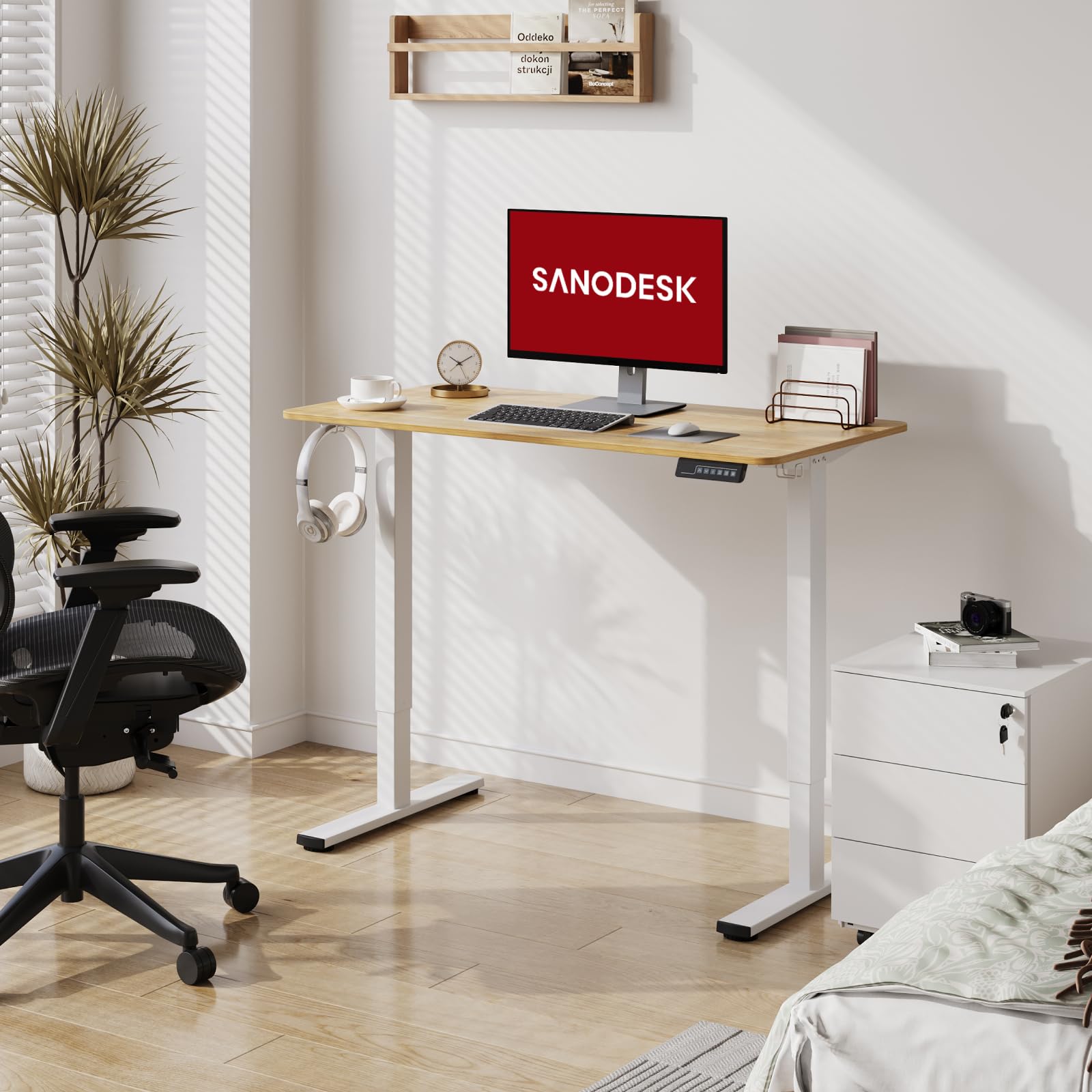 SANODESK 40x24 Inch Electric Standing Desk - Height Adjustable Home Office Desk with Splice Board (White Frame & Maple Top) | Ergonomic Sit Stand Workstation for Home Office, Gaming & Remote Work