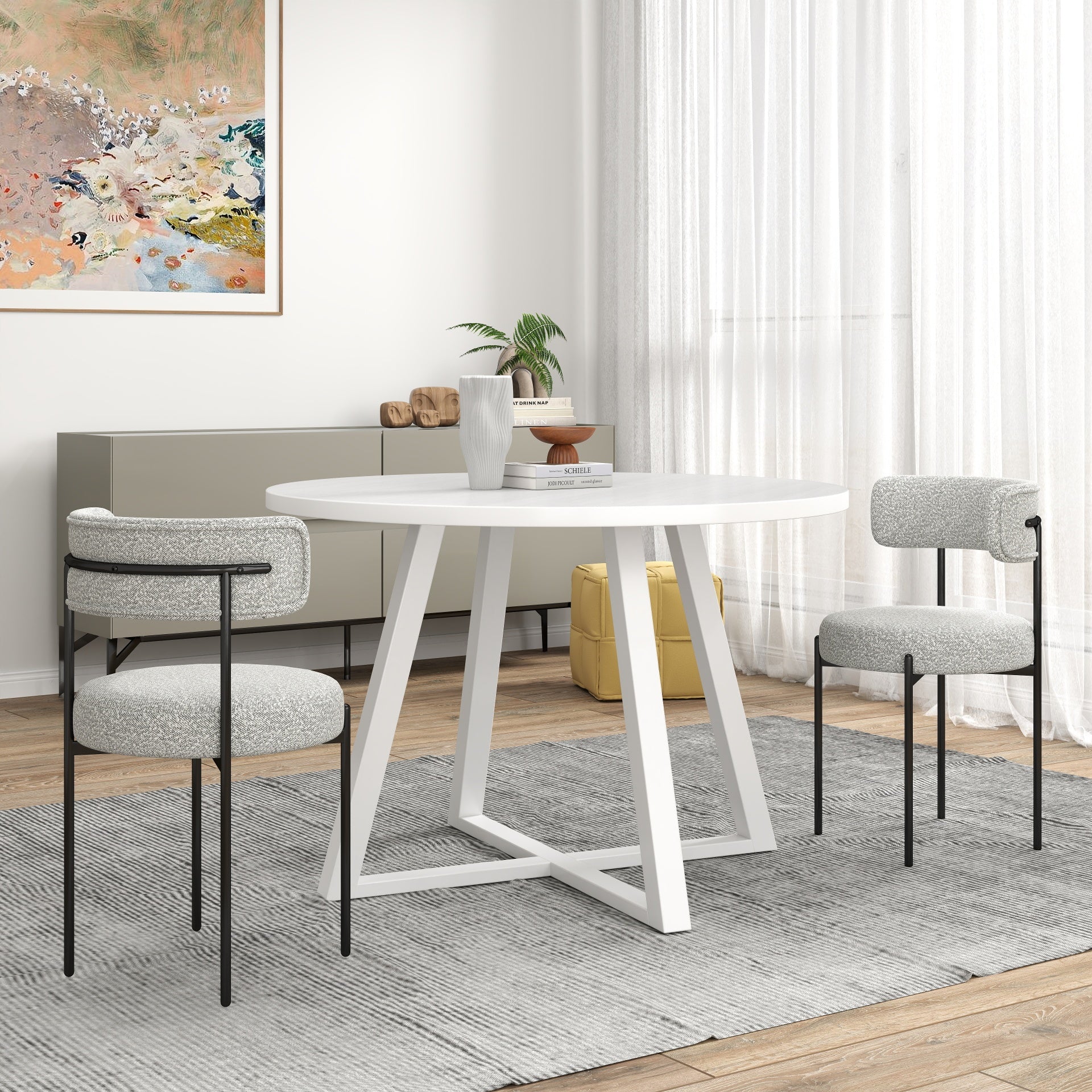 Roundhill Furniture Durban 5-Piece Round Wood Dining Table Set with 4 Boucle Chairs - Perfect for Small Spaces, Breakfast Nooks & Cozy Family Meals