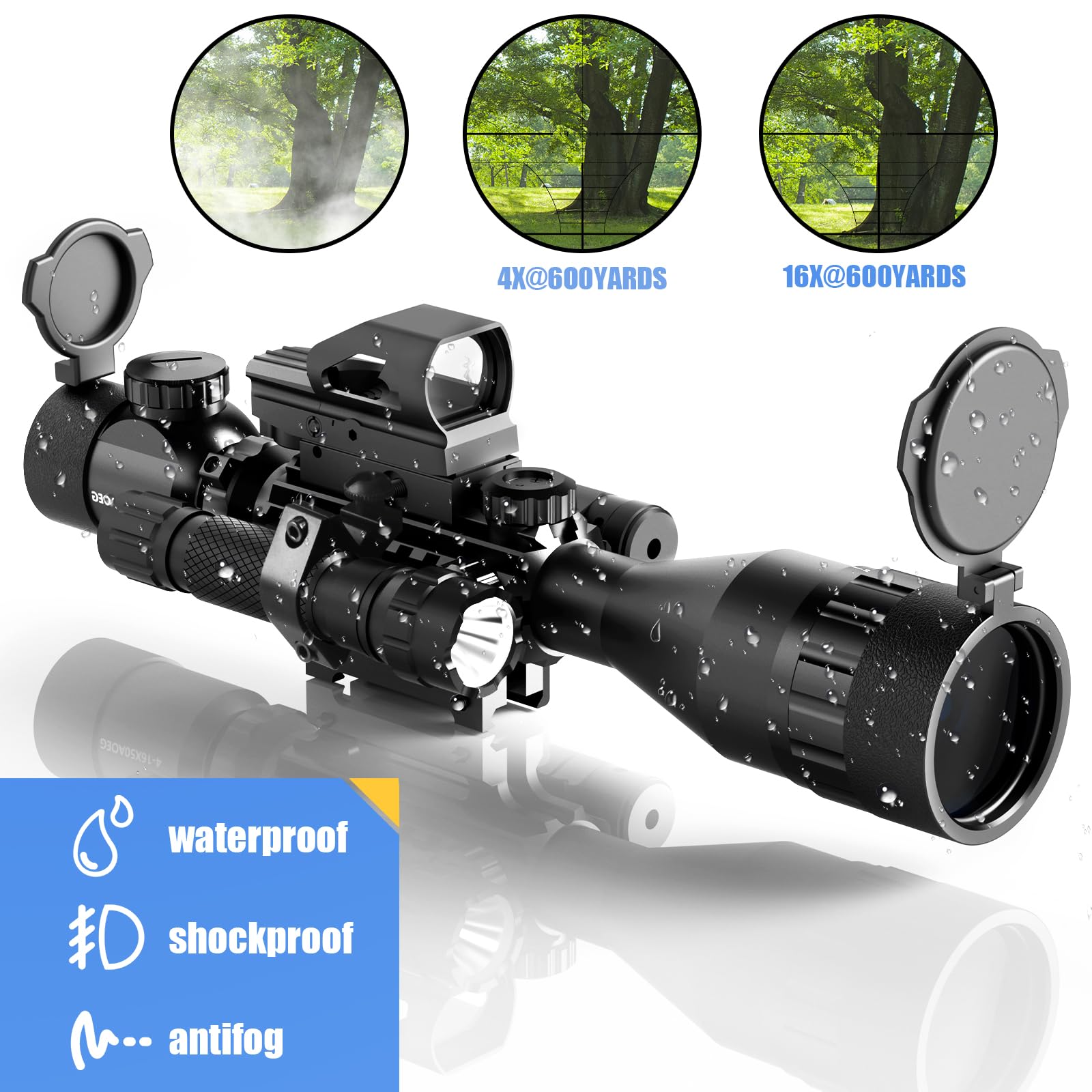 4-16x50AO Rifle Scope with Red/Green Dual Illuminated Reticle | Green Laser Sight | 5-Mode Rail Mount Flashlight | Hunting & Tactical Shooting Accessories | Perfect for Long-Range Target Practice & Outdoor Adventures