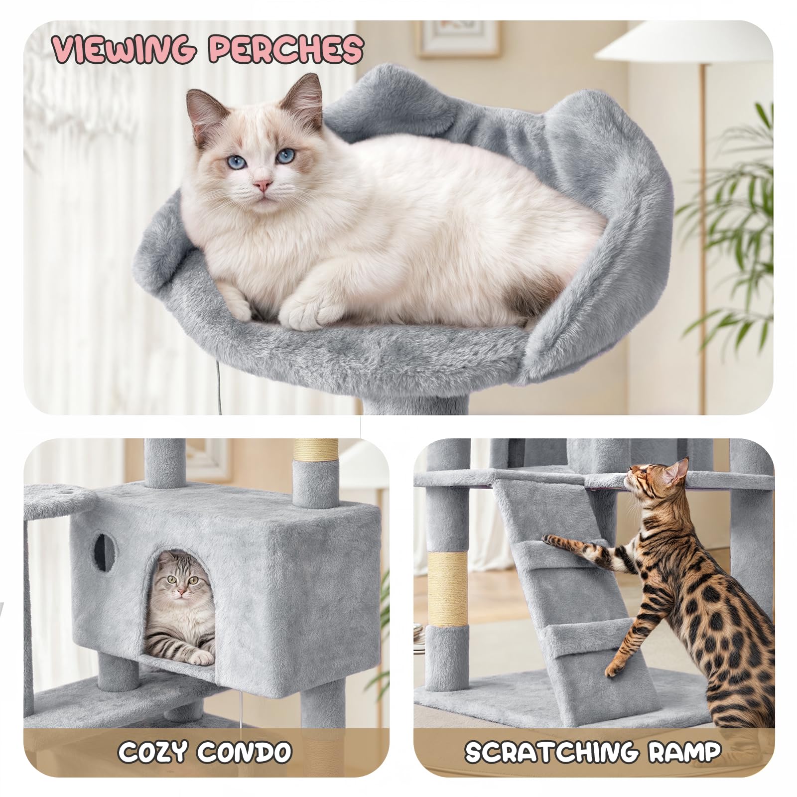 **MoNiBloom 70-Inch Tall Cat Tree Tower with 2 Condos & Scratching Posts - Sturdy Cat Climbing Tower for Indoor Cats, Light Grey - Perfect for Play, Rest & Scratching in Small Spaces**