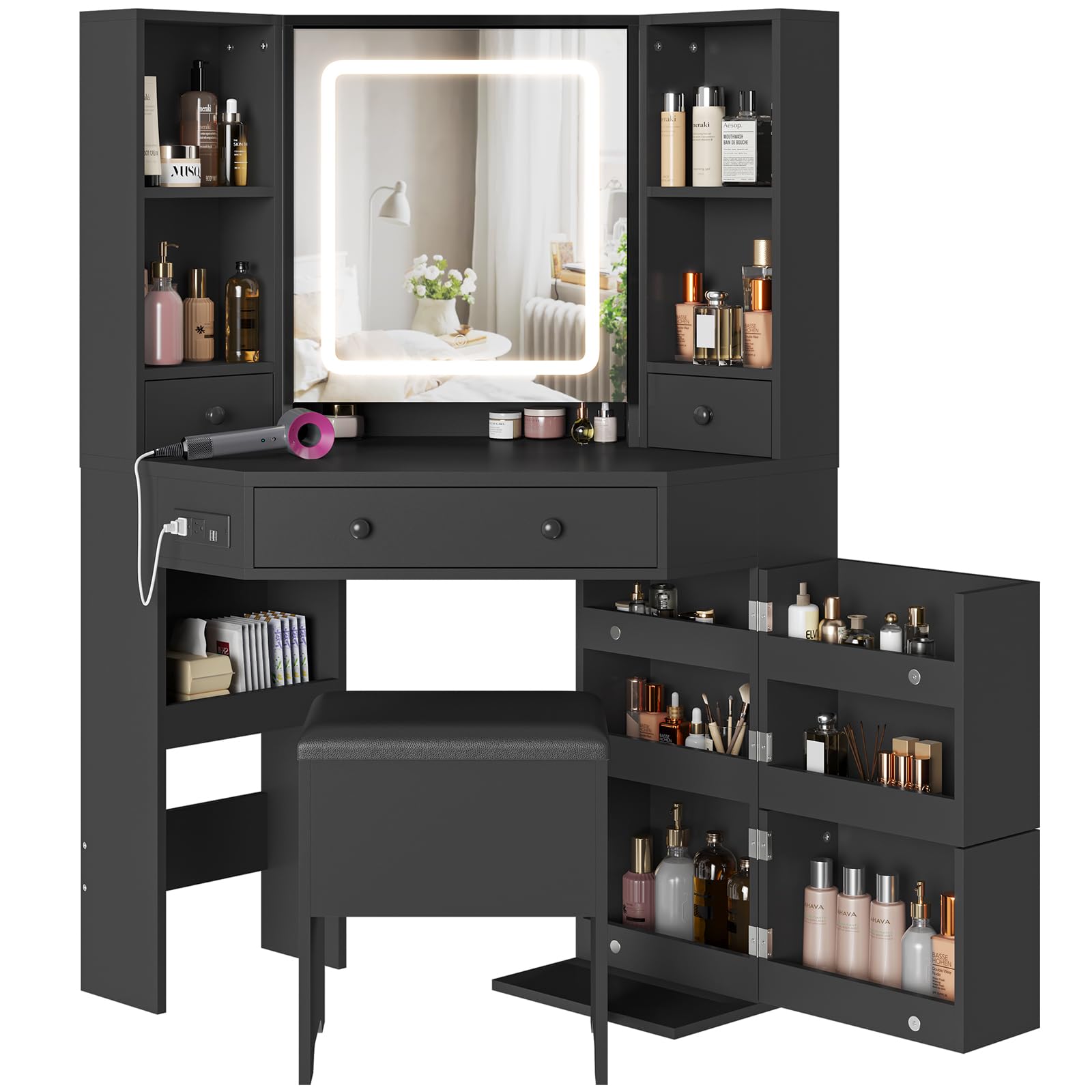 Black Corner Vanity Desk with LED Lighted Mirror, Makeup Vanity Set with USB Charging Station, Storage Stool & Rotating Shelves - Perfect for Bedroom, Dressing Room & Small Space Makeup Organization