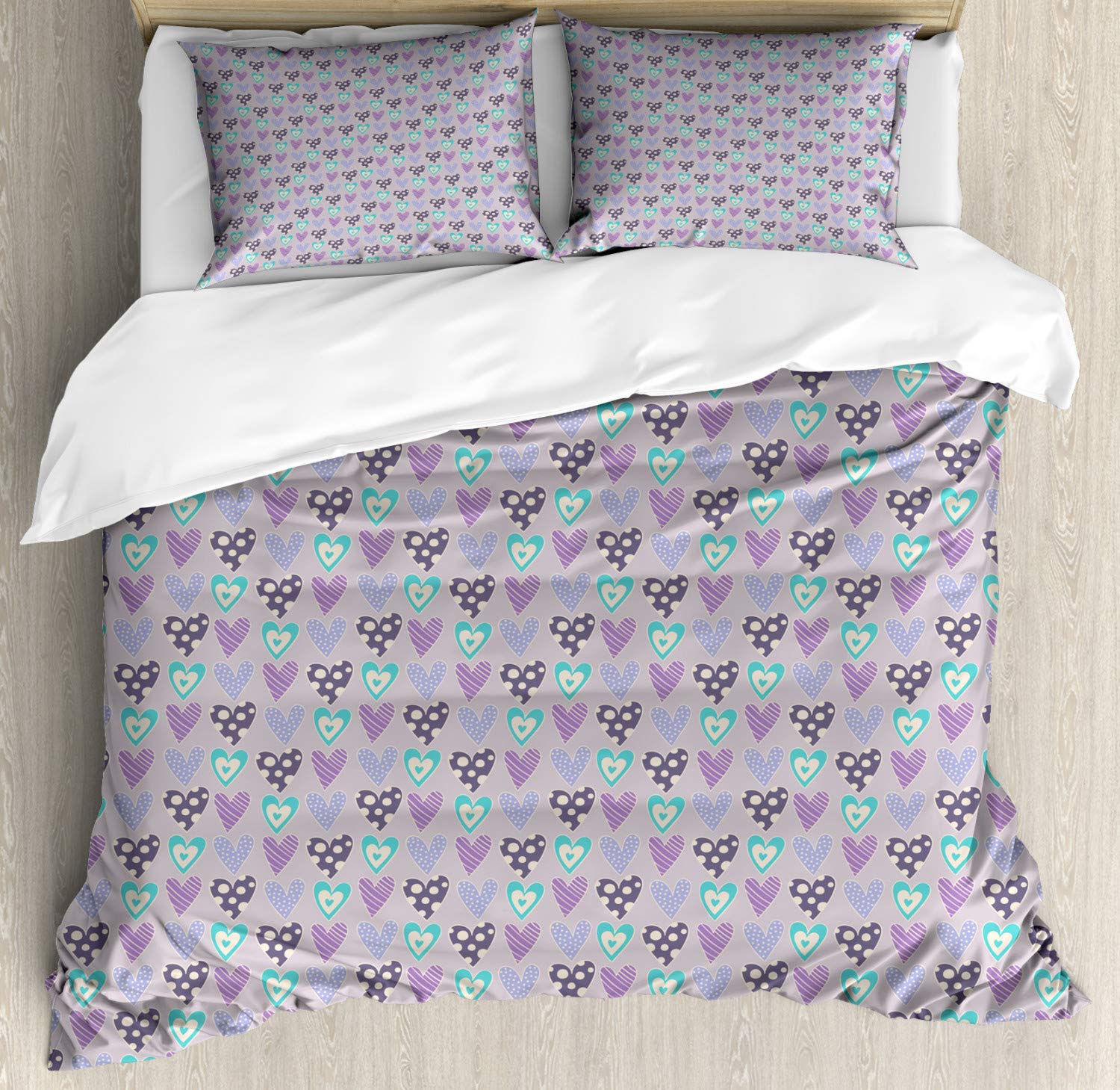 Ambesonne Hearts Duvet Cover Set - Romantic Dot Pattern 3-Piece Bedding with 2 Pillow Shams, King Size in Mauve Multicolor | Perfect for Master Bedroom, Guest Room & Valentine's Day Decor
