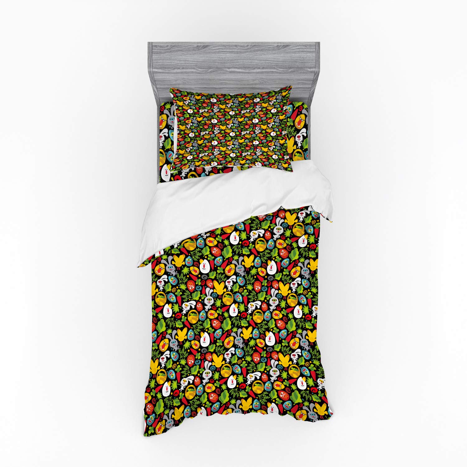 Ambesonne Easter Bedding Set - 3 Piece Duvet Cover with Sham & Fitted Sheet, Twin XL Size, Charcoal Grey Multicolor - Playful Cartoon Design with Eggs, Monsters, Rabbits & Forest Animals - Perfect for Kids' Rooms, Easter Decor & Themed Bedrooms