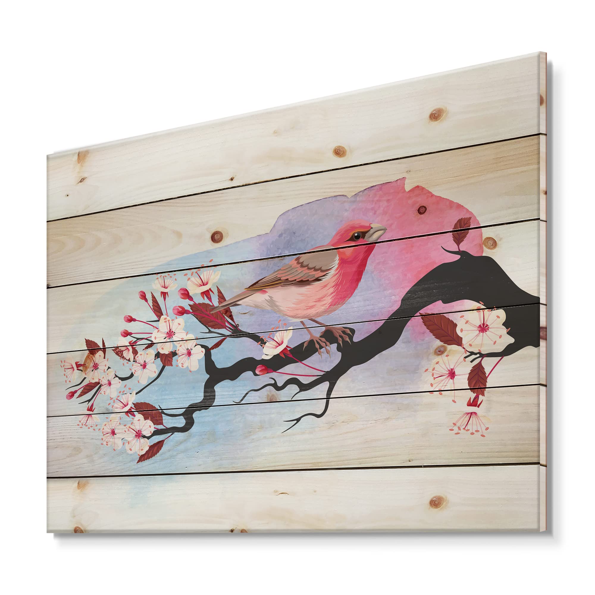 DesignQ Pink Bird on Cherry Branch Traditional Wood Wall Art - Large Animal Wall Decor Printed on Natural Pine Wood - Perfect for Living Room, Bedroom, and Nursery Decor