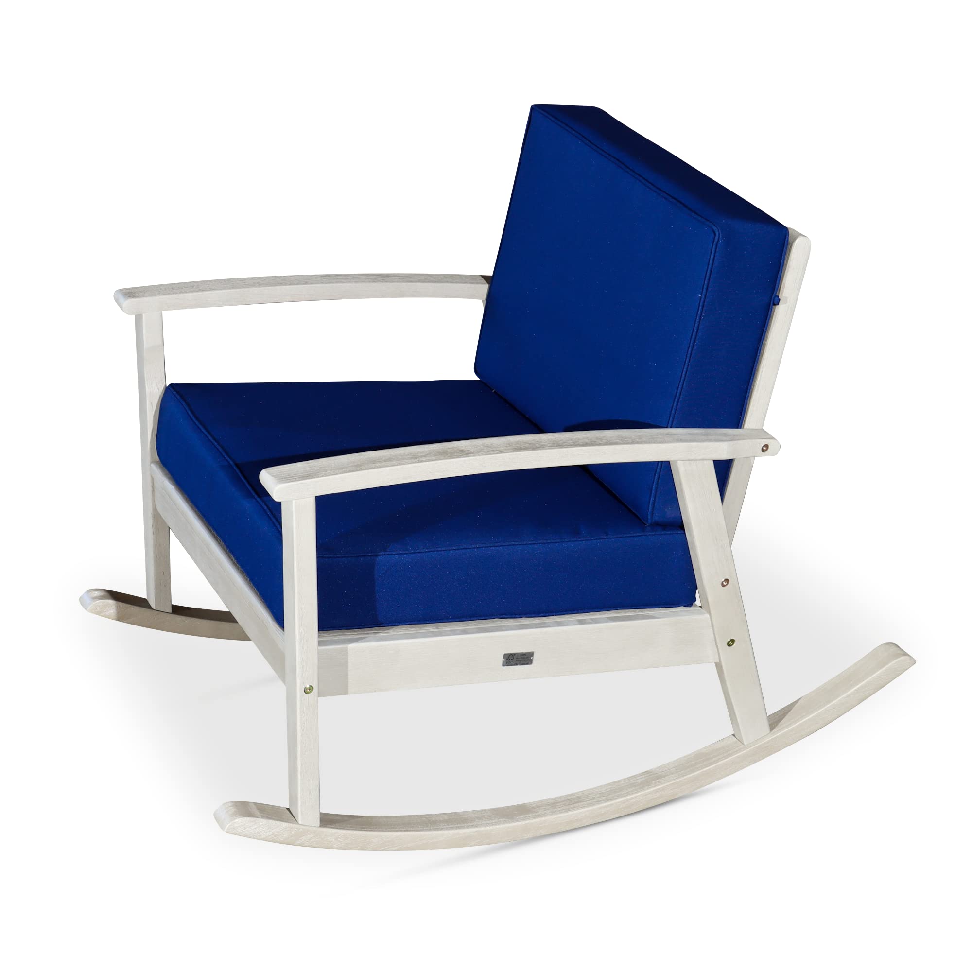 DTY Outdoor Living Longs Peak Deep Seat Eucalyptus Rocker - Driftwood Gray Finish with Navy Cushions | Patio Rocking Chair for Porch, Garden & Backyard Relaxation