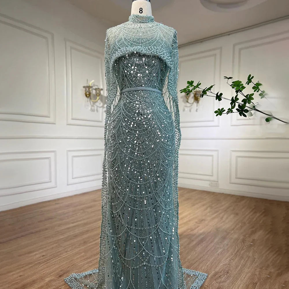 Elegant Green Pearl Evening Gown with Detachable Cape - LA72032 | Luxury Designer Dress for Prom, Gala & Formal Events