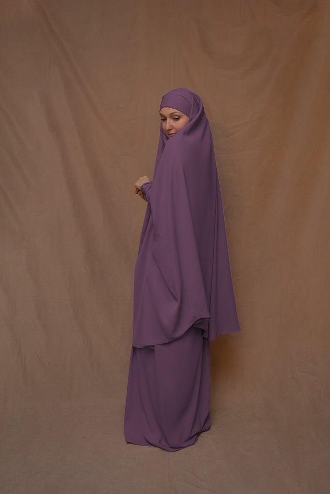 Dark Purple Moira Prayer Umrah Gown with Niqab - Islamic Modest Dress for Women, Hajj & Umrah Prayer, Mosque Worship, Religious Ceremonies