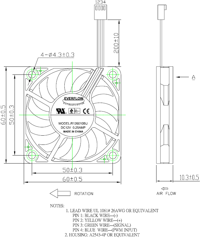 Everflow 60x60x10mm 12V DC Cooling Fan with PWM Speed Control - R126010BUAF - Perfect for PC Cooling, Electronics Enclosures & 3D Printers