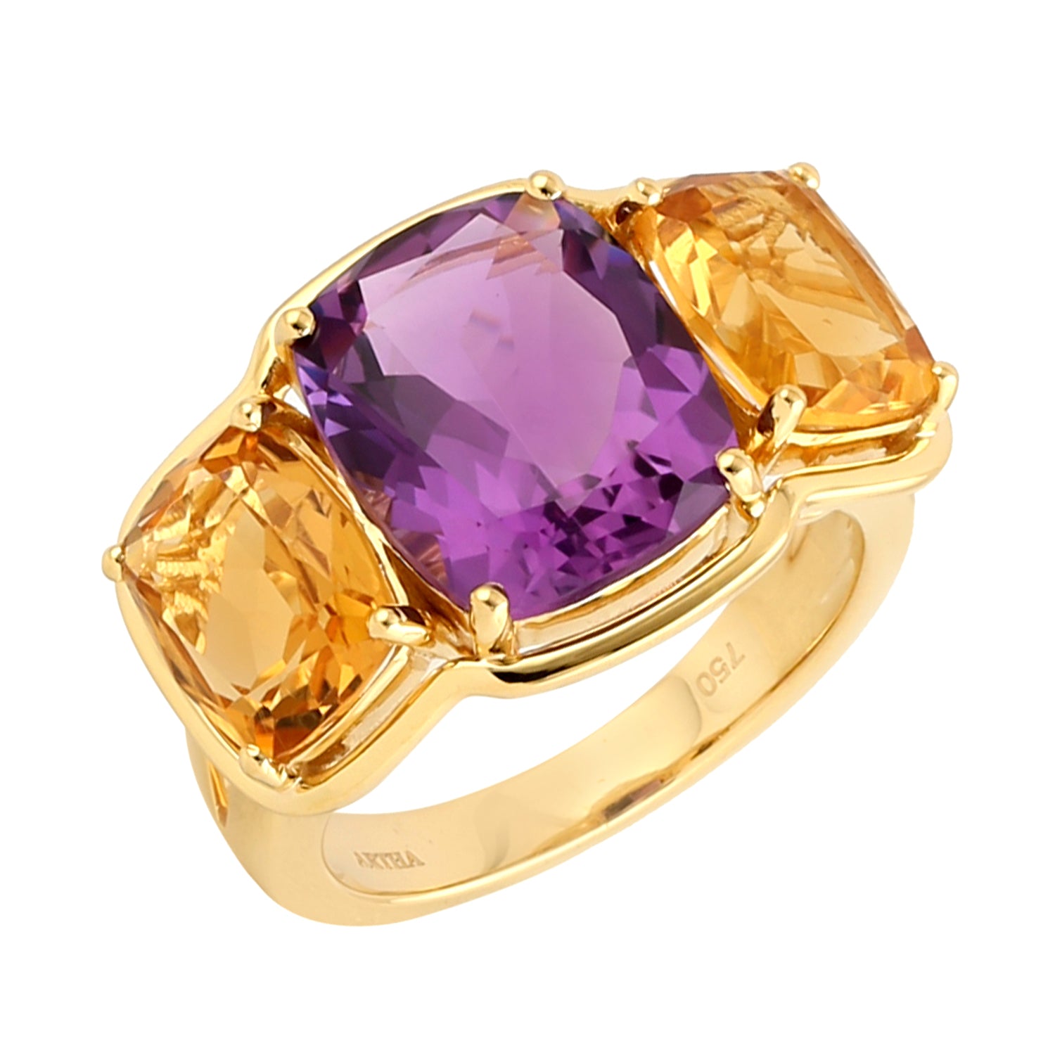 Handmade Yellow Gold Three Stone Ring with Cushion Cut Amethyst & Citrine Prong Setting | Elegant Jewelry for Weddings, Anniversaries & Special Occasions