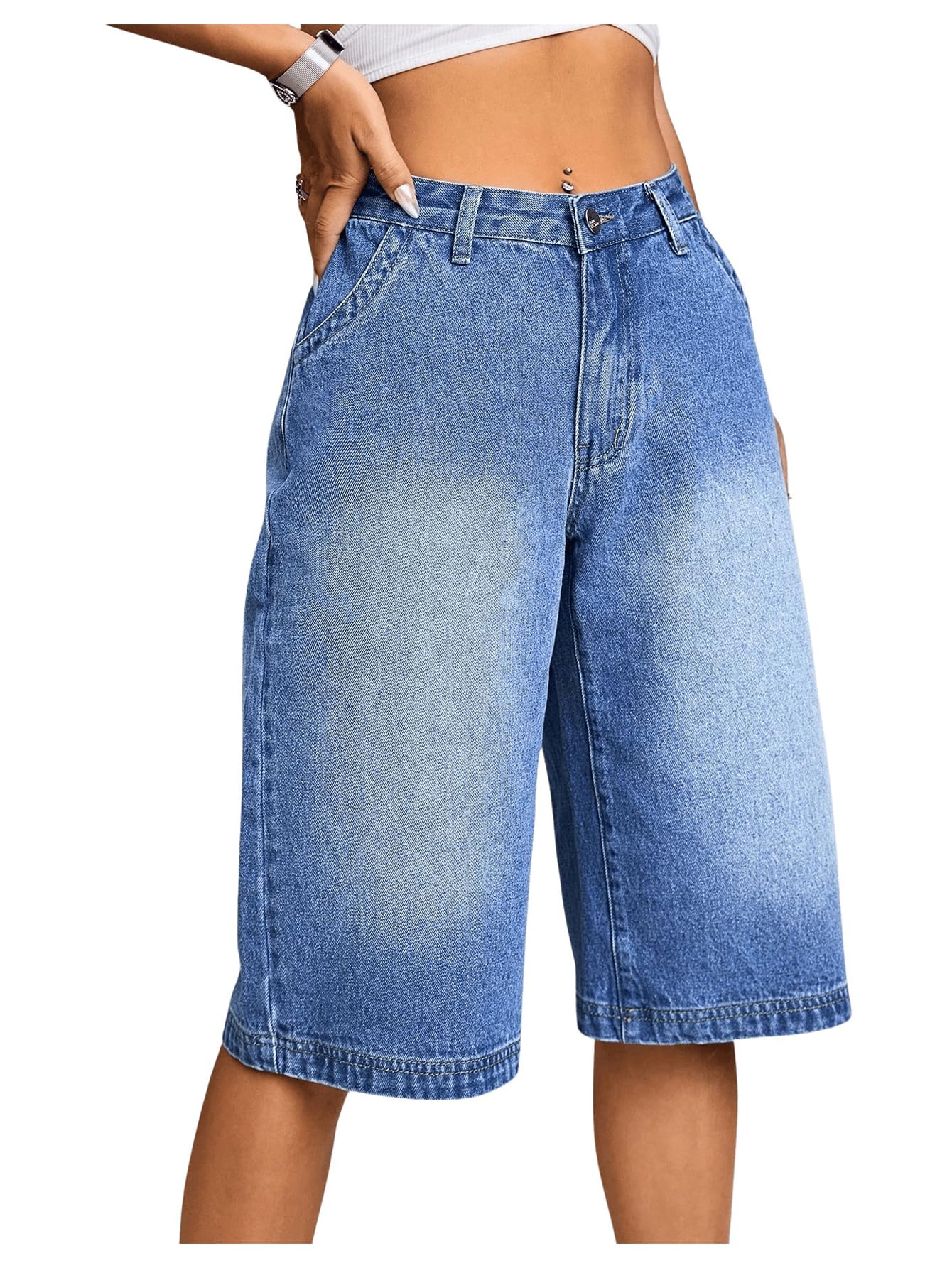 Milumia Women's Low Rise Denim Wide Leg Bermuda Shorts - Comfortable Loose Fit for Casual Wear, Summer Outfits & Beach Vacations