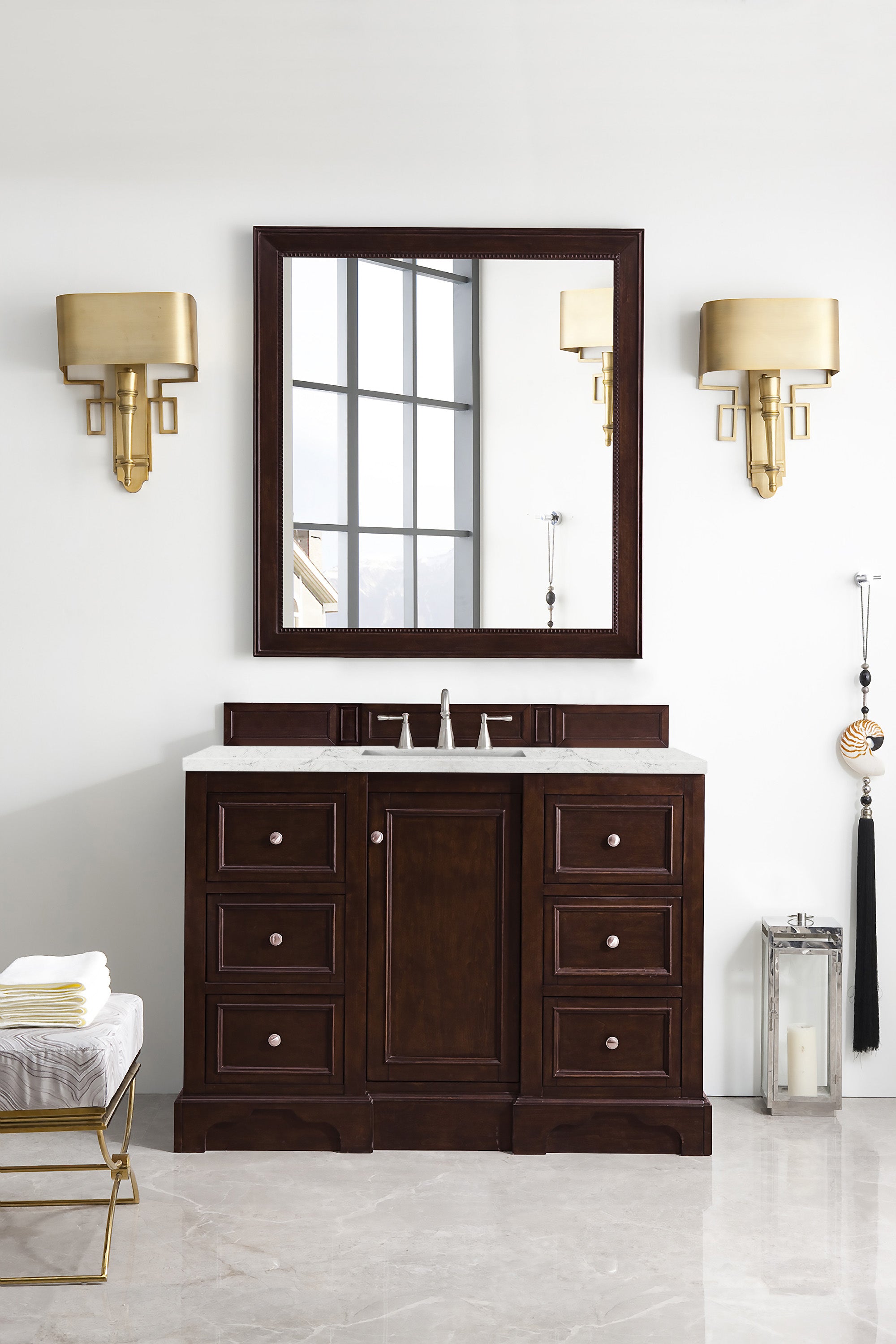 De Soto 48 Inch Single Bathroom Vanity with Burnished Mahogany Finish & 3CM Eternal Jasmine Pearl Quartz Countertop - Perfect for Modern Master Bathrooms and Powder Rooms