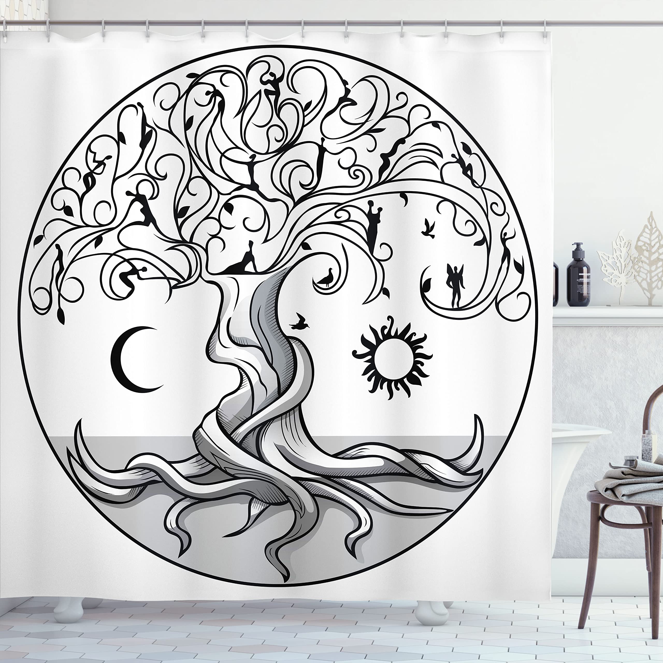 Lunarable Sun and Moon Shower Curtain - Tree of Life with Swirling Branches & Angels, 69x70 Inch Black White Grey Bathroom Decor Set with Hooks | Waterproof Fabric for Modern, Bohemian & Gothic Bathroom Styles