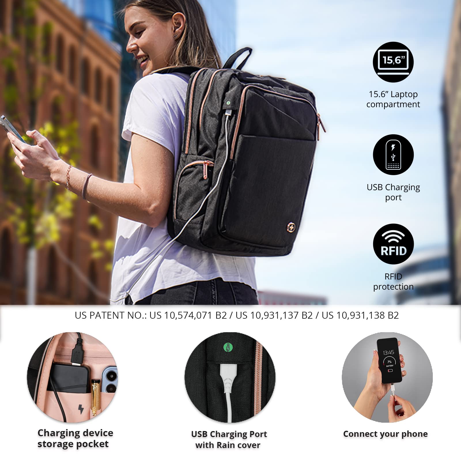 Swissdigital Katy Rose Women's Backpack - Stylish Black with Rose Gold Zippers, College Travel Laptop Bag Compatible with Apple Find My Network (Model SD1006FB0-01) - Perfect for Work, School & Travel Accessories