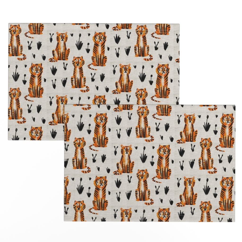 Premium Linen Cotton Canvas Placemats Set of 2 - Tiger Jungle Animal Print Neutral Safari Table Mats for Dining Room Decor, Kitchen Table Setting, and Party Tableware