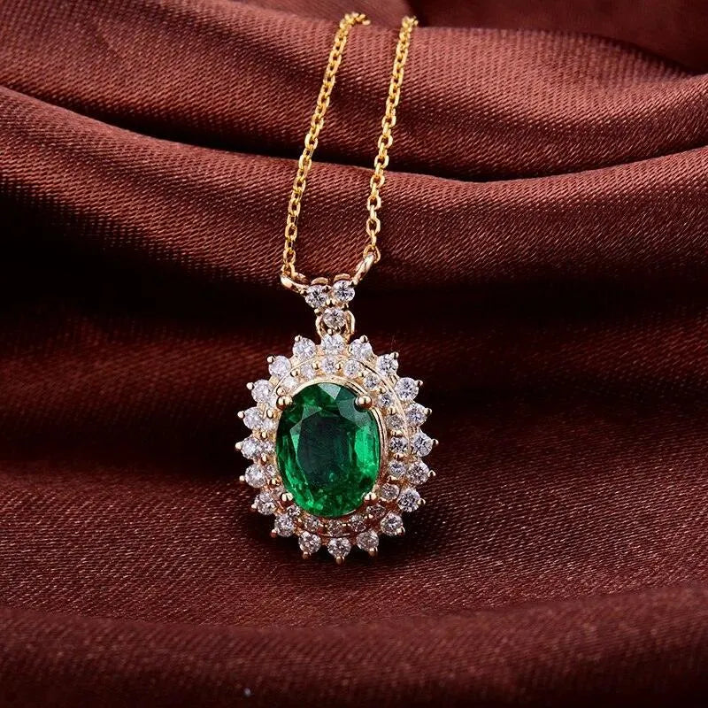 18Kt Yellow Gold Zambia Emerald Pendant Necklace for Women - Natural Diamond Accent Gemstone Jewelry - Perfect for Weddings, Anniversaries & Special Occasions