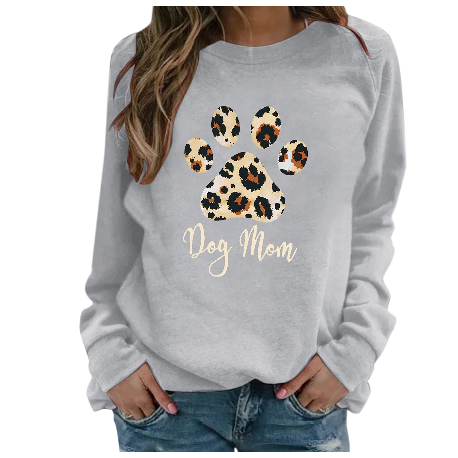 Dog Mom Print Sweatshirt for Women - Plus Size Long Sleeve Pullover with Round Neck | Solid Color Casual Fall Tops for Dog Lovers | Perfect for Autumn Outings, Coffee Dates & Pet-Friendly Events