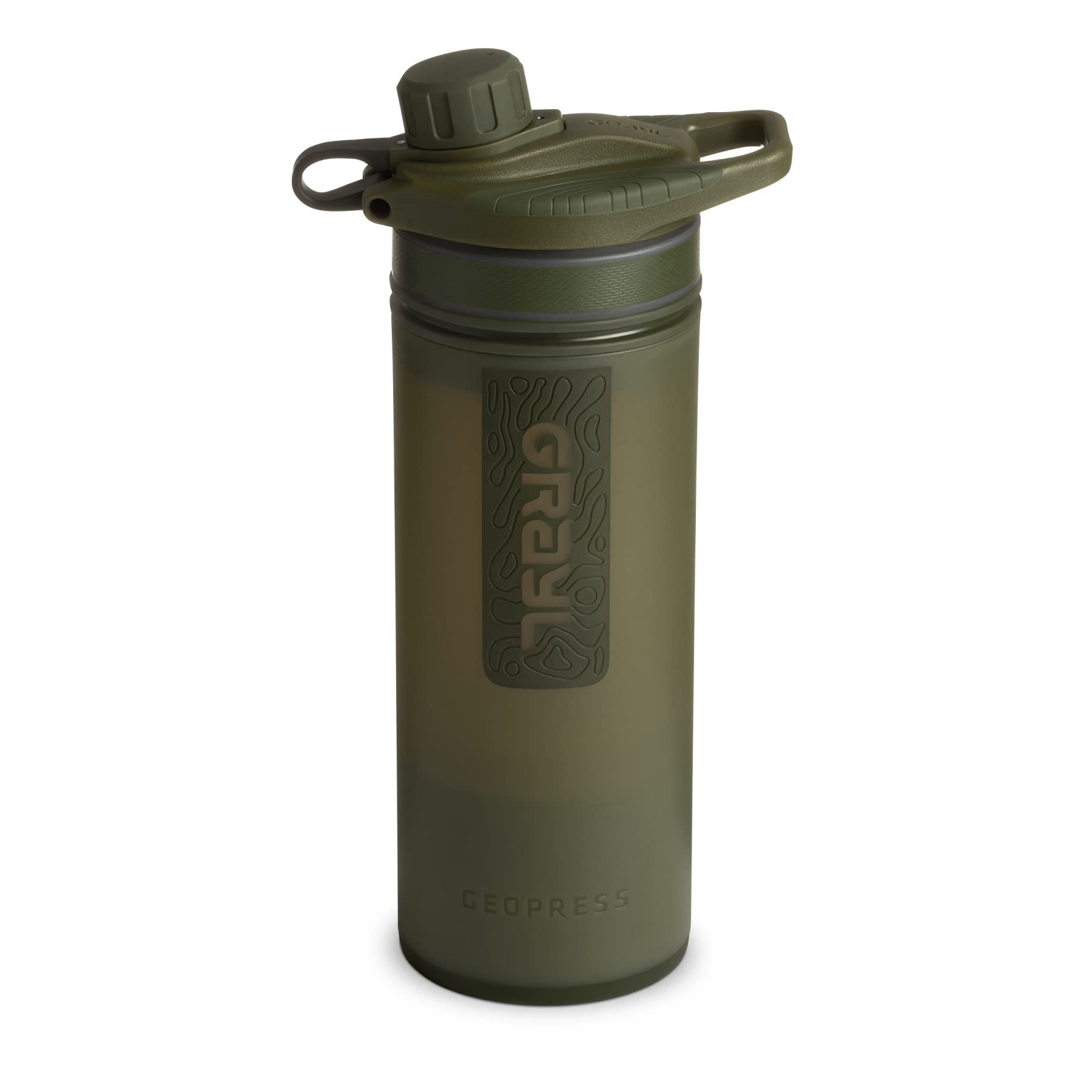 GRAYL GeoPress 24 oz Water Purifier Bottle with Advanced Filtration - Portable Water Filter for Hiking, Camping, Survival, Travel & Emergency Preparedness (Olive Drab) - Ideal for Outdoor Adventures, Backpacking & Disaster Relief