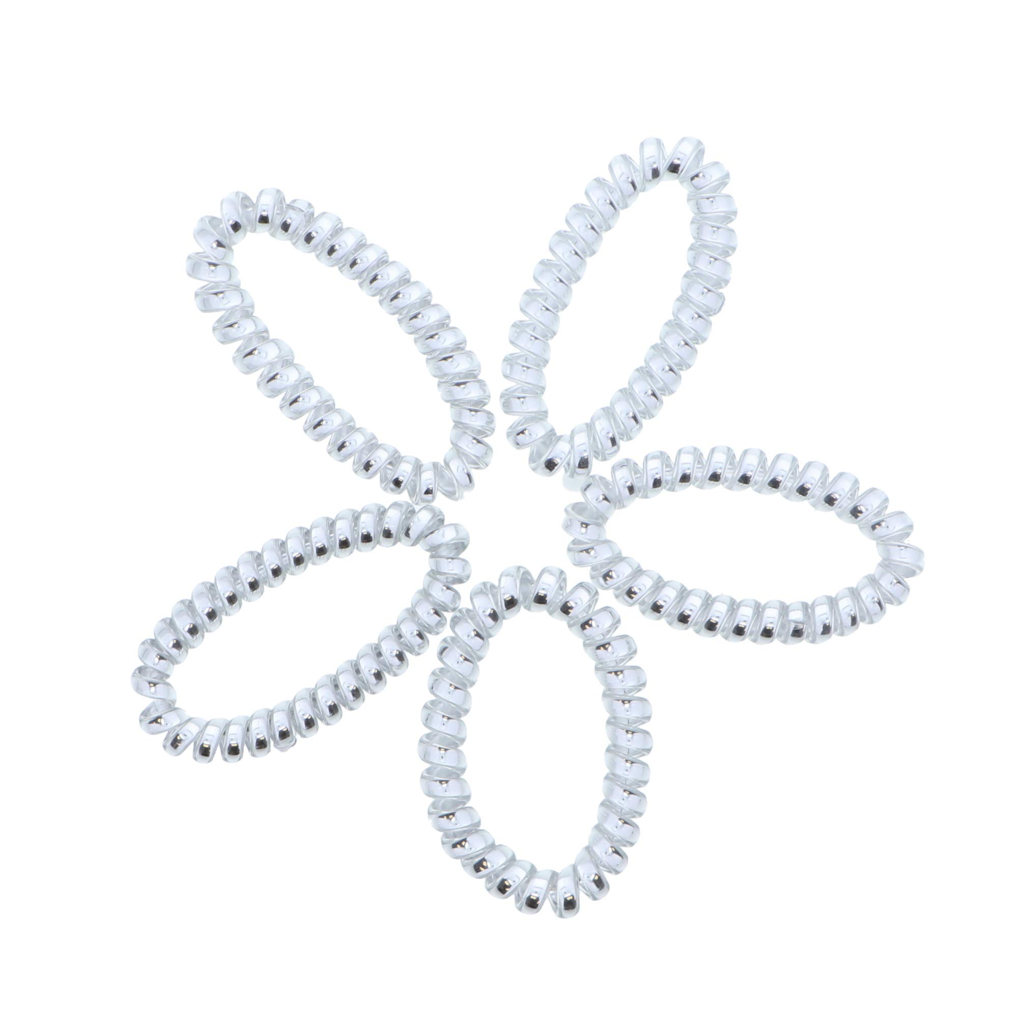 Shiny Spiral Coil Pony Holders Hair Ties - 5 Pack Shiny Silver for Women & Girls | Perfect for School, Workout, Sports & Everyday Hairstyles