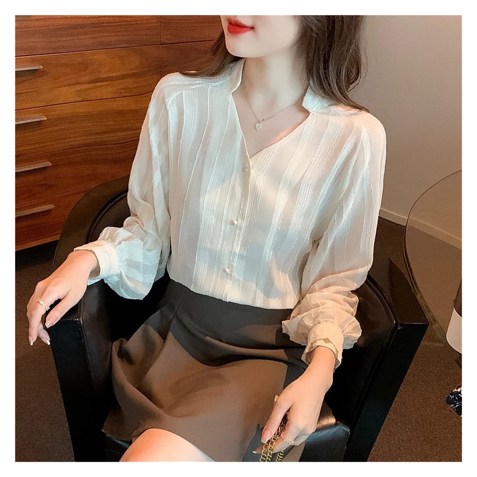 WALNUTA Women's Apricot Chiffon Blouse - Elegant Long Sleeve V-Neck Top for Women | Perfect for Office Wear, Date Nights & Special Occasions
