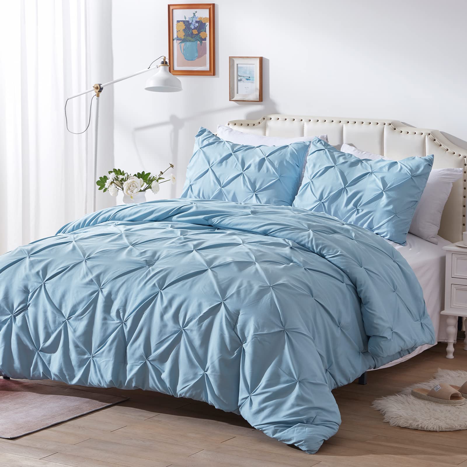 NexHome Twin Comforter Set - Spa Blue Pintuck Down Alternative Comforter with Soft Pinch Pleat, Lightweight Microfiber, All Season 2-Piece Bedding Set (1 Comforter + 1 Pillow Sham) - Perfect for Guest Rooms, Dormitories & Cozy Bedroom Decor