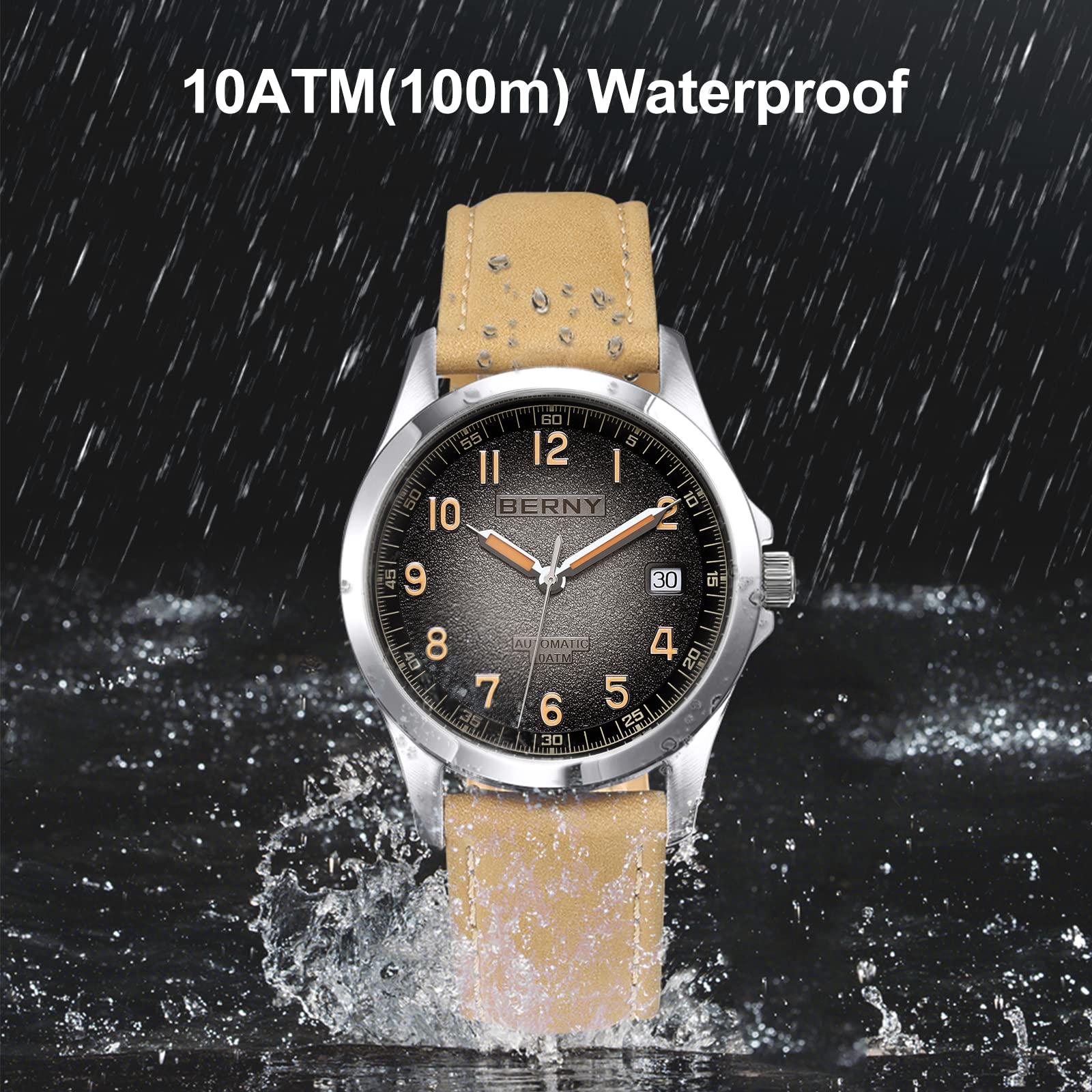 BERNY Men's Automatic Watch with Seagull ST2130 Movement - Leather Strap, Luminous Hands, 10ATM Waterproof, Sapphire Crystal Glass, Scratch Resistant - Perfect for Business, Casual & Outdoor Activities