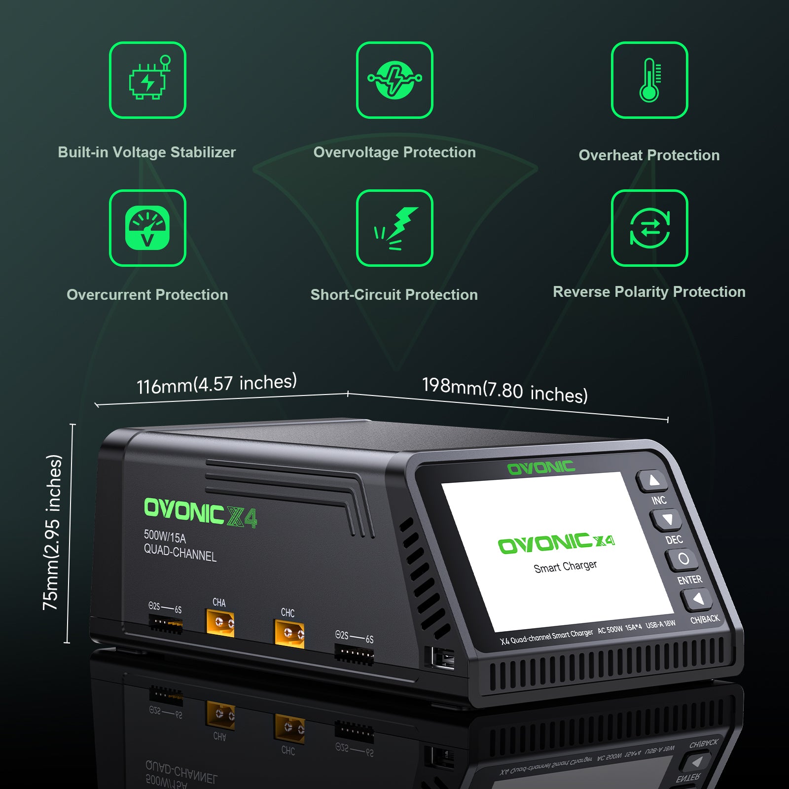 Ovonic X4 500W 4-Channel Smart RC Battery Charger - 15A per Channel, Auto Power Allocation for 1-6S LiPo/Li-Ion/LiHV/LiFe & 3-18S NiMH Batteries - 3.5