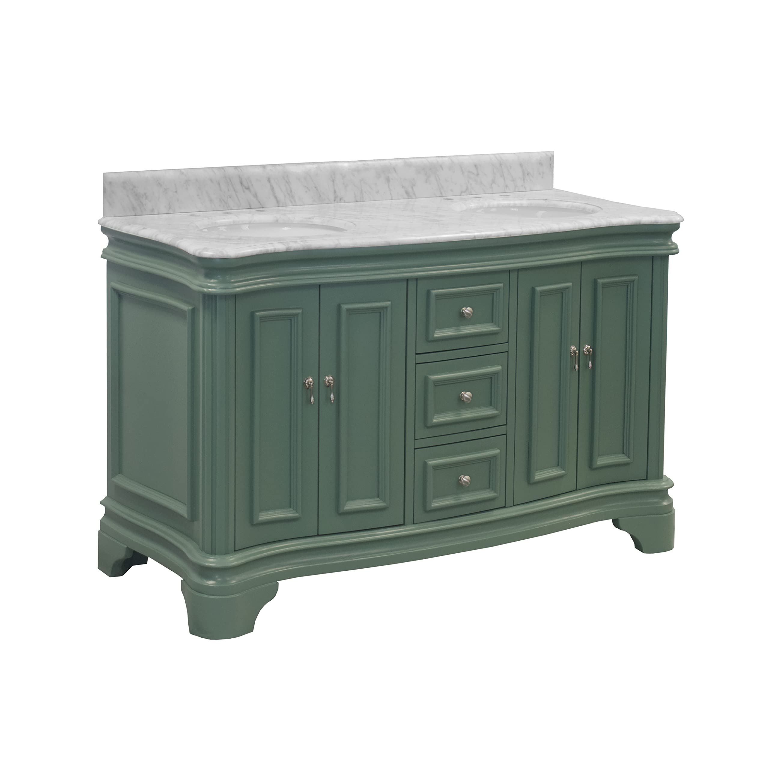 Katherine 60-inch Double Bathroom Vanity with Carrara Marble Top & Sage Green Cabinet - White Ceramic Sinks Included | Modern Bathroom Storage Solution for Master Bath & Guest Bath Renovation