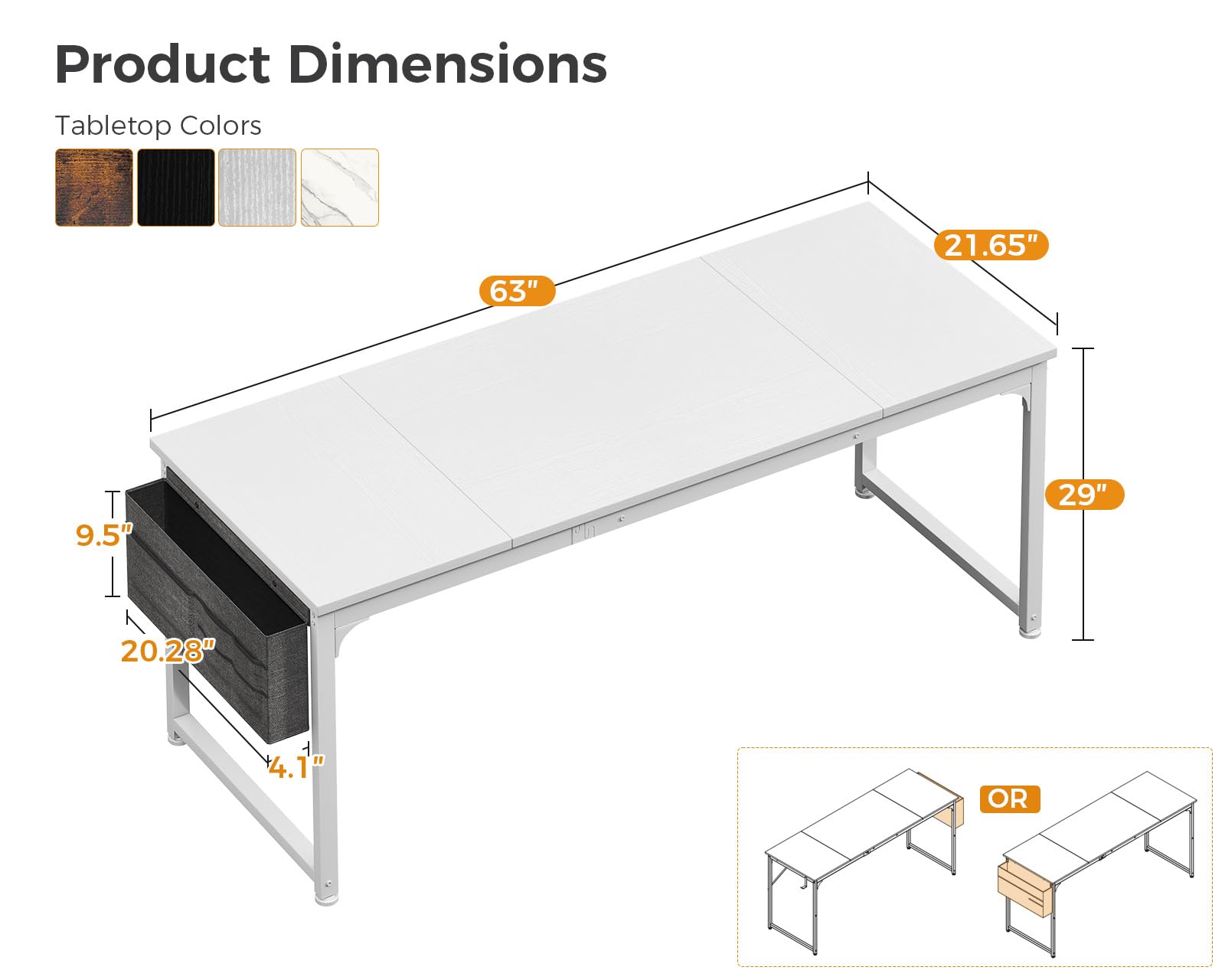 63 Inch ODK Large Computer Desk with Storage | Modern Office & Gaming Desk for Home | PC Work Table with Headphone Hook & Splice Board | White & White Leg | Perfect for Remote Work, Gaming Setup & Home Office