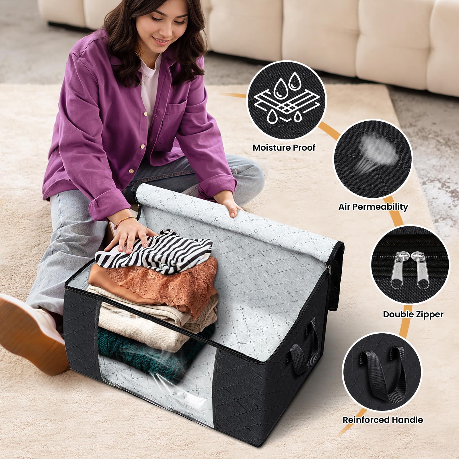 8-Pack Foldable Thick Fabric Storage Bags - Large Clothes & Blanket Organizer for Bedroom, Closet, Comforter | Durable Storage Containers with Handles (Black) | Perfect for Seasonal Clothing Rotation & Space Saving Storage